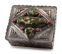 Heavily Stamped Sterling Silver Lidded Box, with Turquoise and Coral Inlay