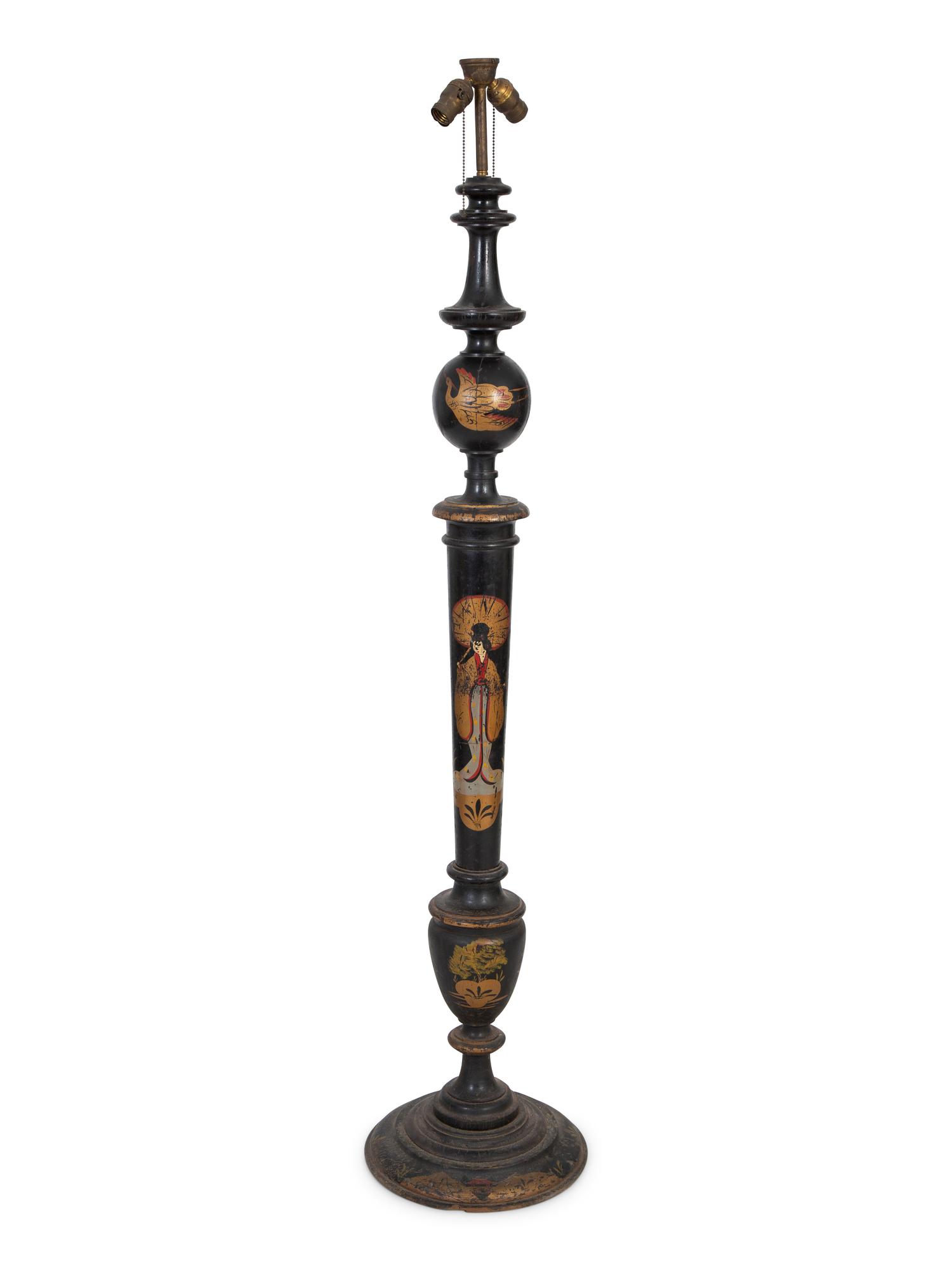 A Chinoiserie Black and Polychromed Lacquer Floor Lamp — EARLY 20TH CENTURY