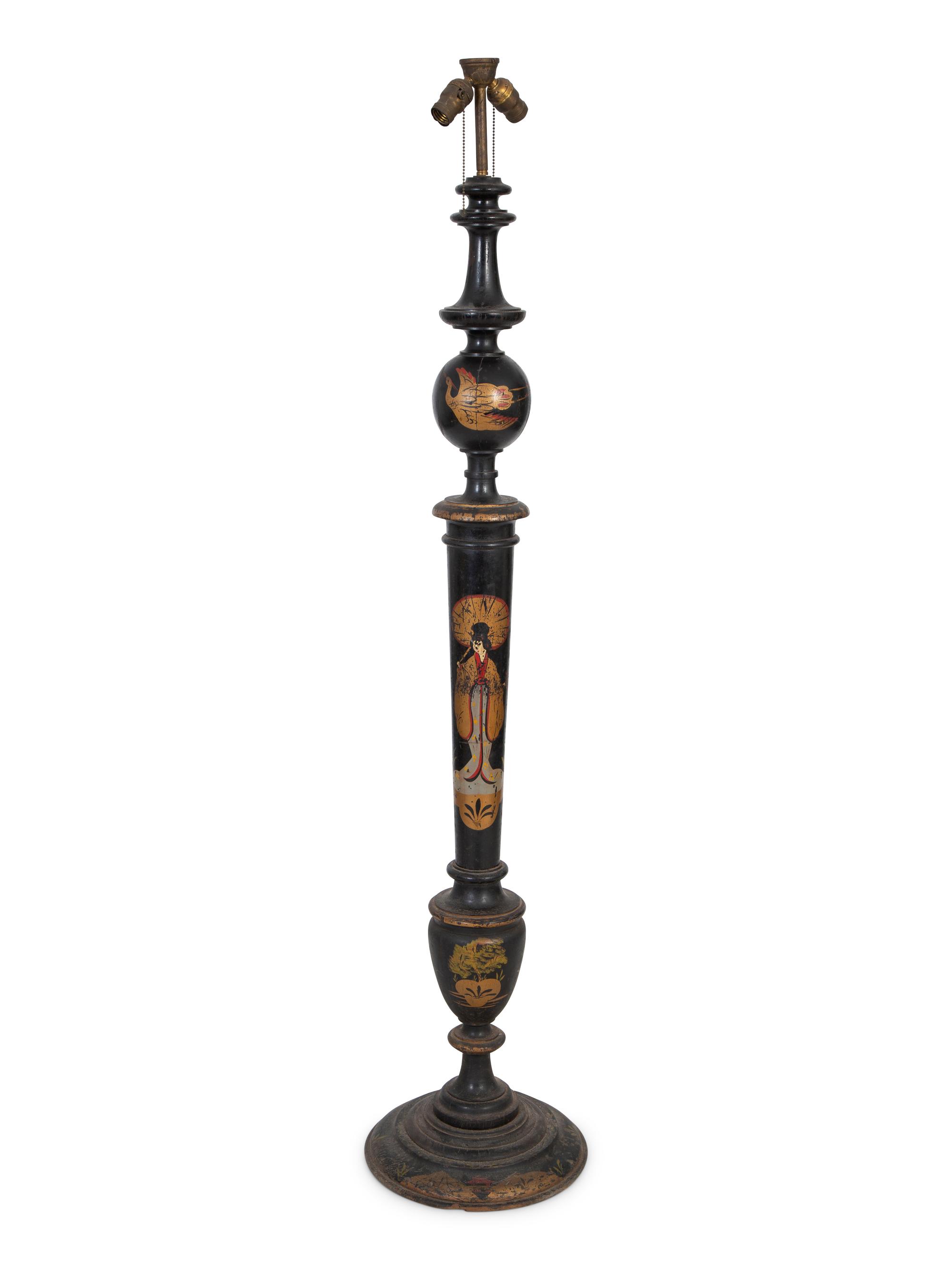 A Chinoiserie Black and Polychromed Lacquer Floor Lamp — EARLY 20TH CENTURY