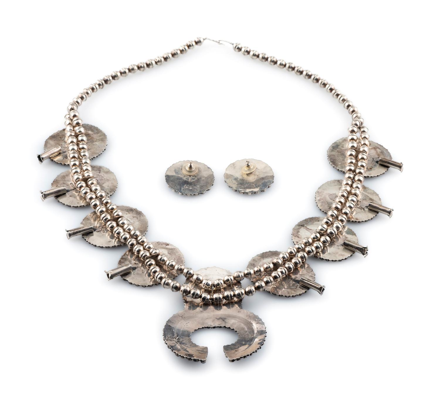 Sterling Silver and Sodalite Cluster Squash Blossom Necklace AND Matching Post Earrings
