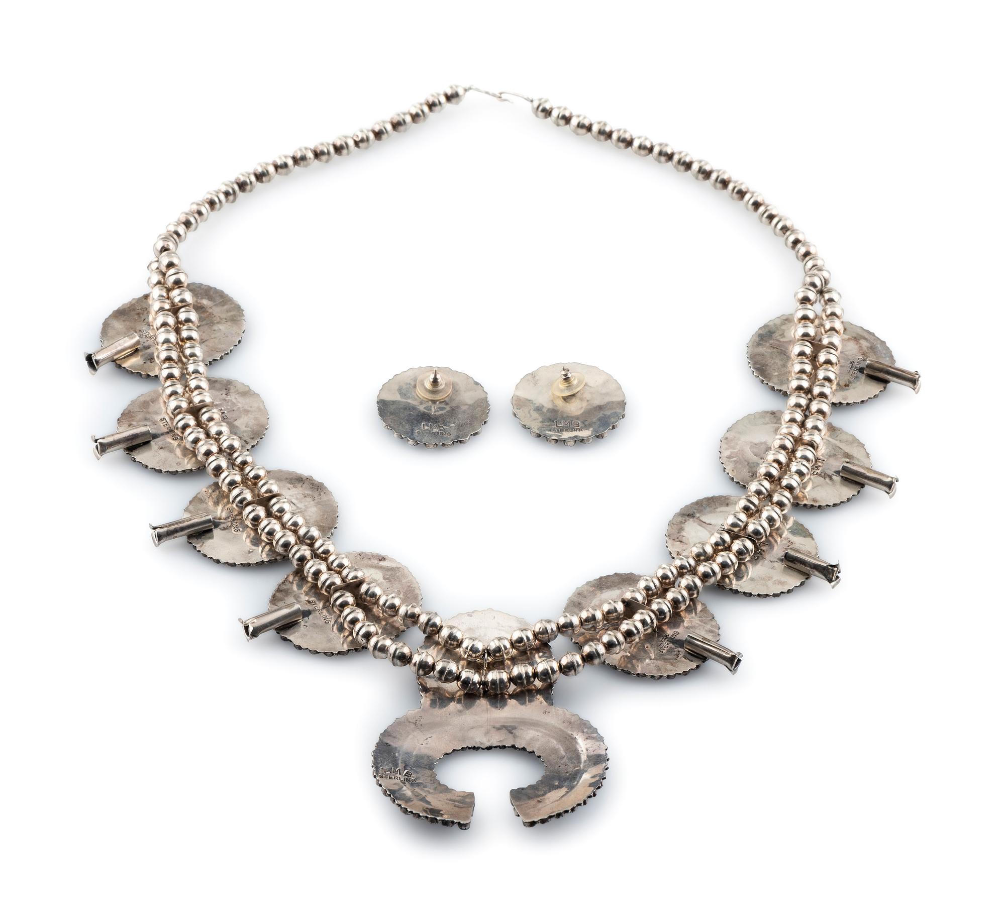 Sterling Silver and Sodalite Cluster Squash Blossom Necklace AND Matching Post Earrings