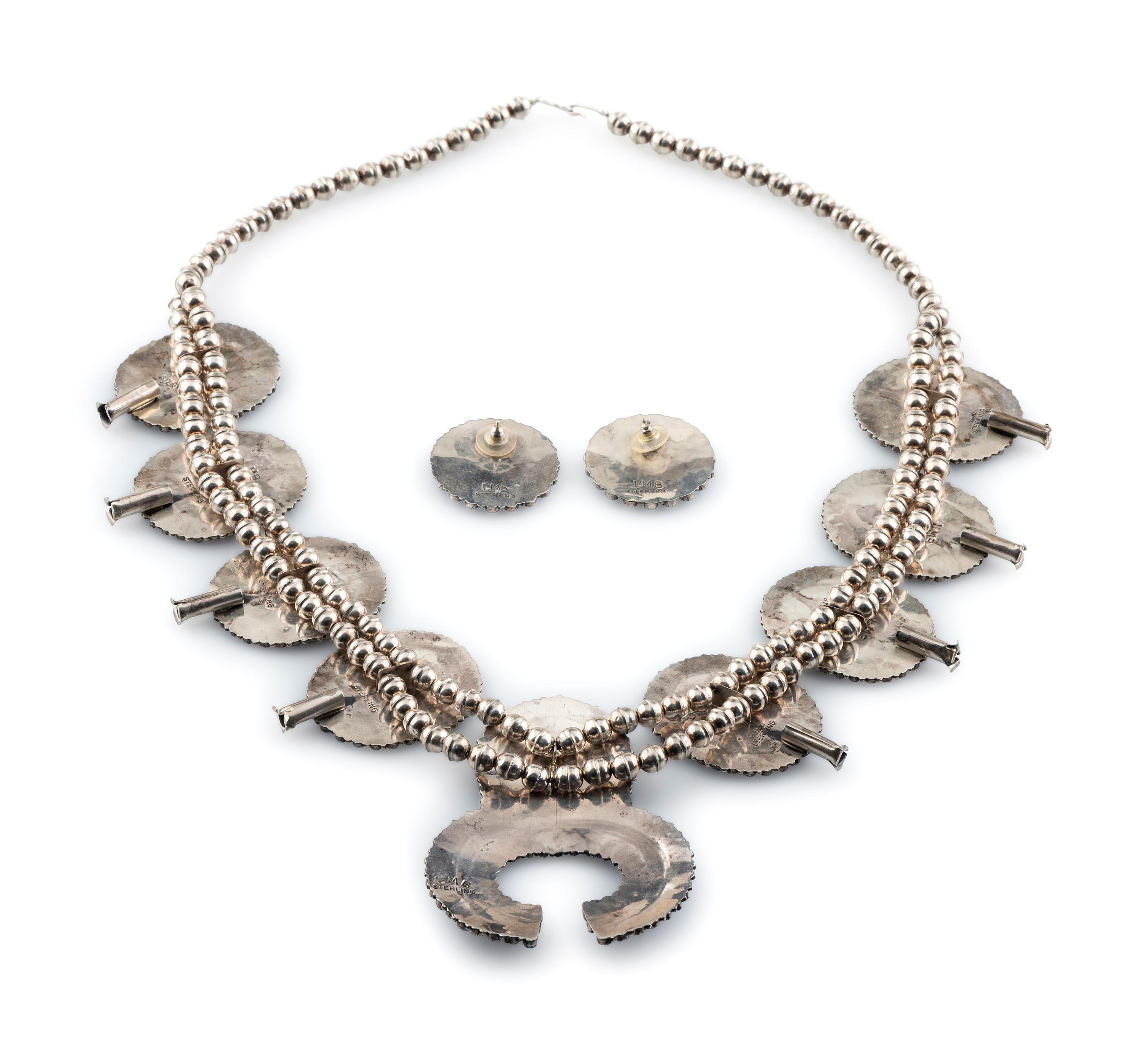 Sterling Silver and Sodalite Cluster Squash Blossom Necklace AND Matching Post Earrings