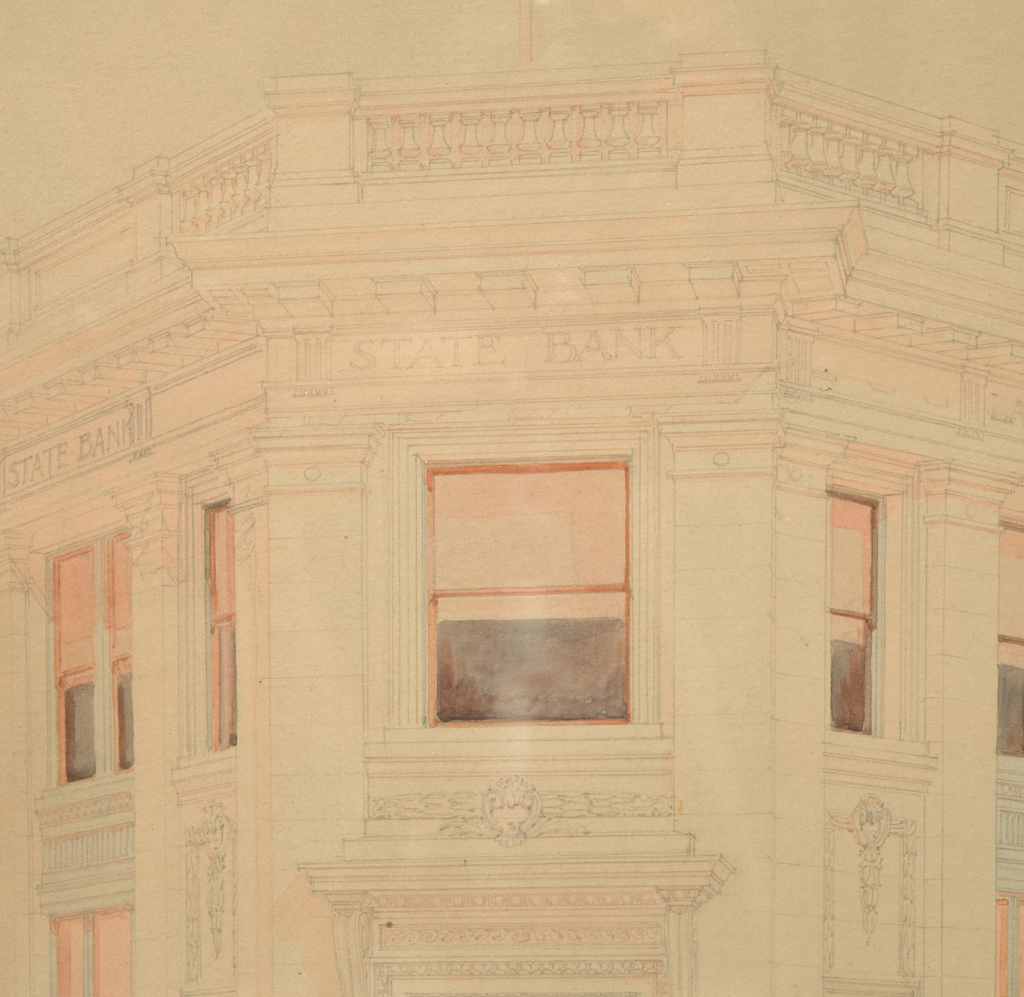 A Hand Rendered Presentation Drawing of the Lake View State Bank Building at Clark & Belmont in Chicago, IL. 34.5" W x .75" D x 29.5" H — United States, 20th Century