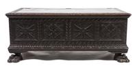 A Continental Carved Wooden Chest Height 20 1/2 x width 48 x depth 24 inches.