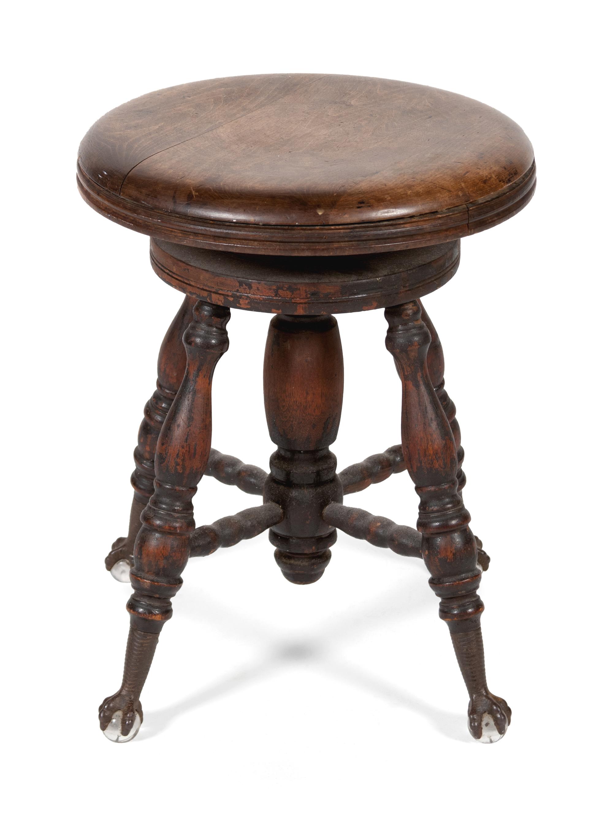 An American Mahogany Piecrust Top Tripod Candlestand and a Piano Stool — 19TH CENTURY