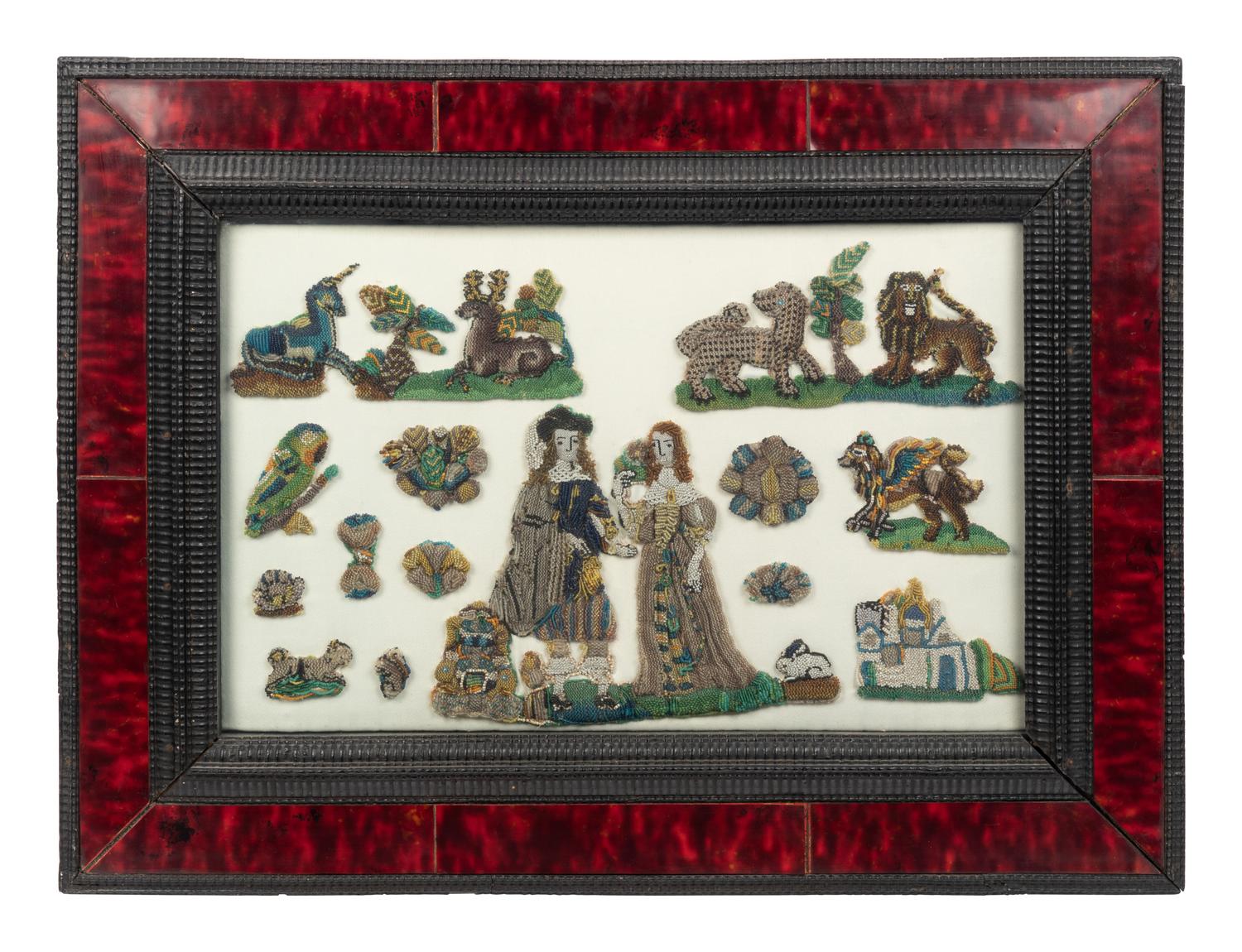 A Group of English Beadworks in a Flemish Tortoise Shell and Ebonized Ripple-Molded Frame