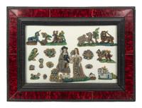 A Group of English Beadworks in a Flemish Tortoise Shell and Ebonized Ripple-Molded Frame