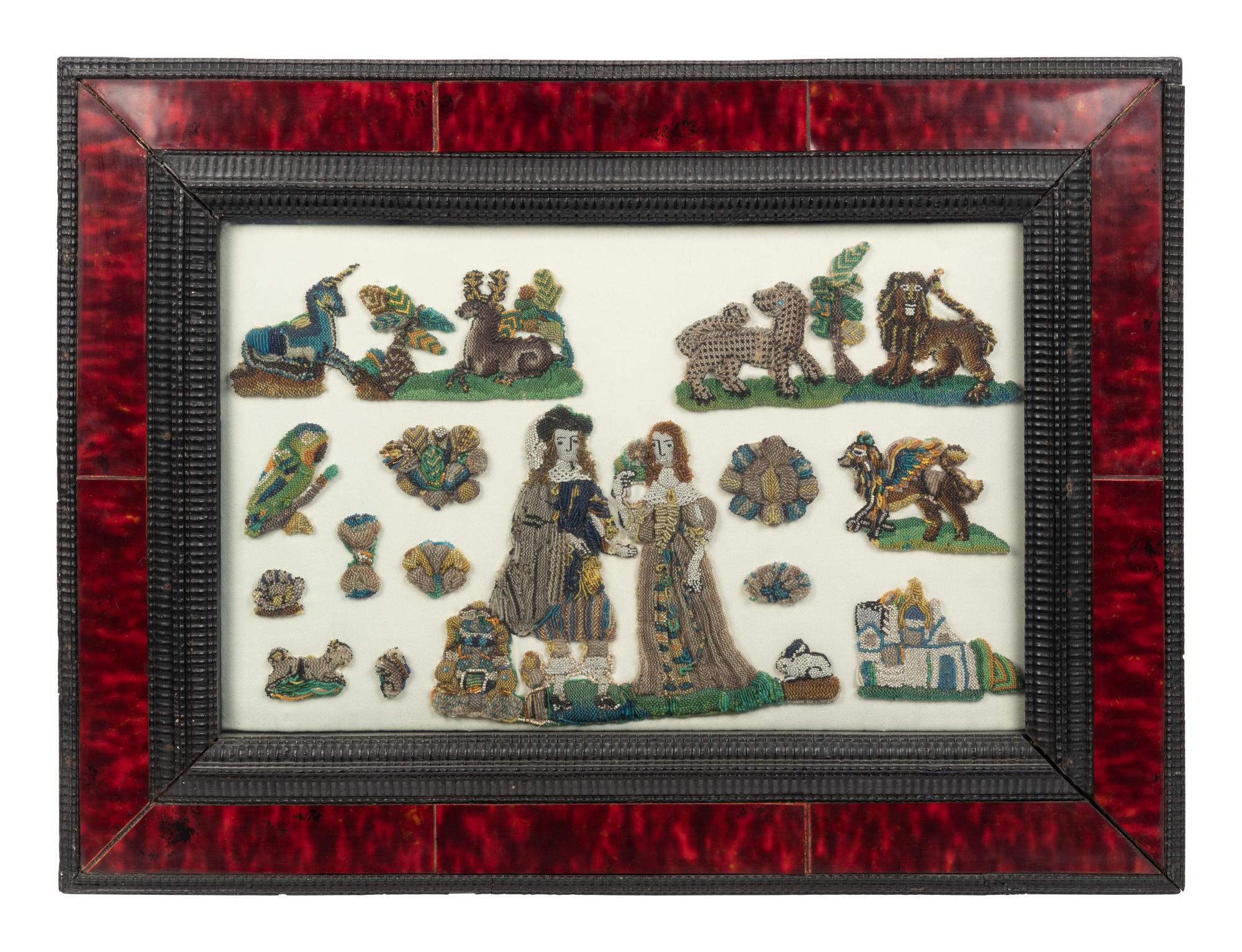 A Group of English Beadworks in a Flemish Tortoise Shell and Ebonized Ripple-Molded Frame