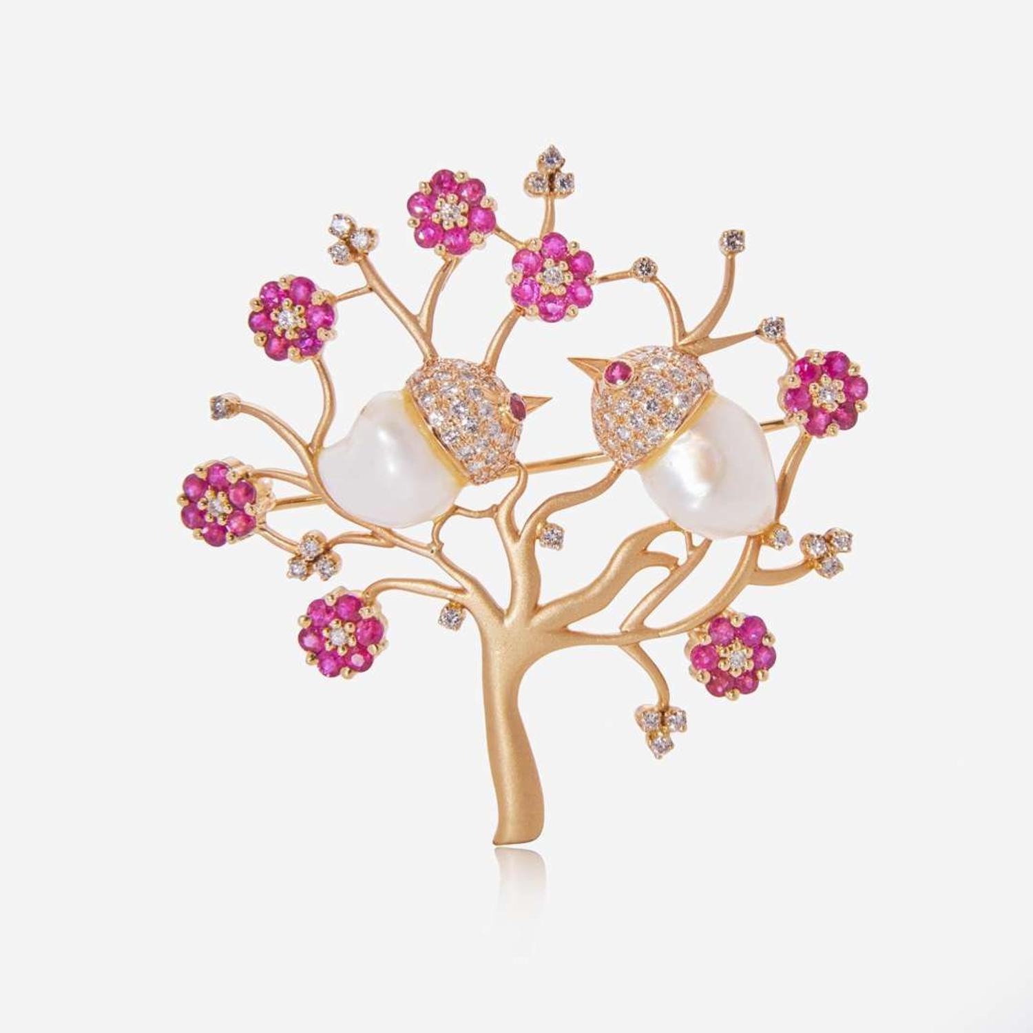An 18K Yellow Gold, Pearl, and Ruby Brooch