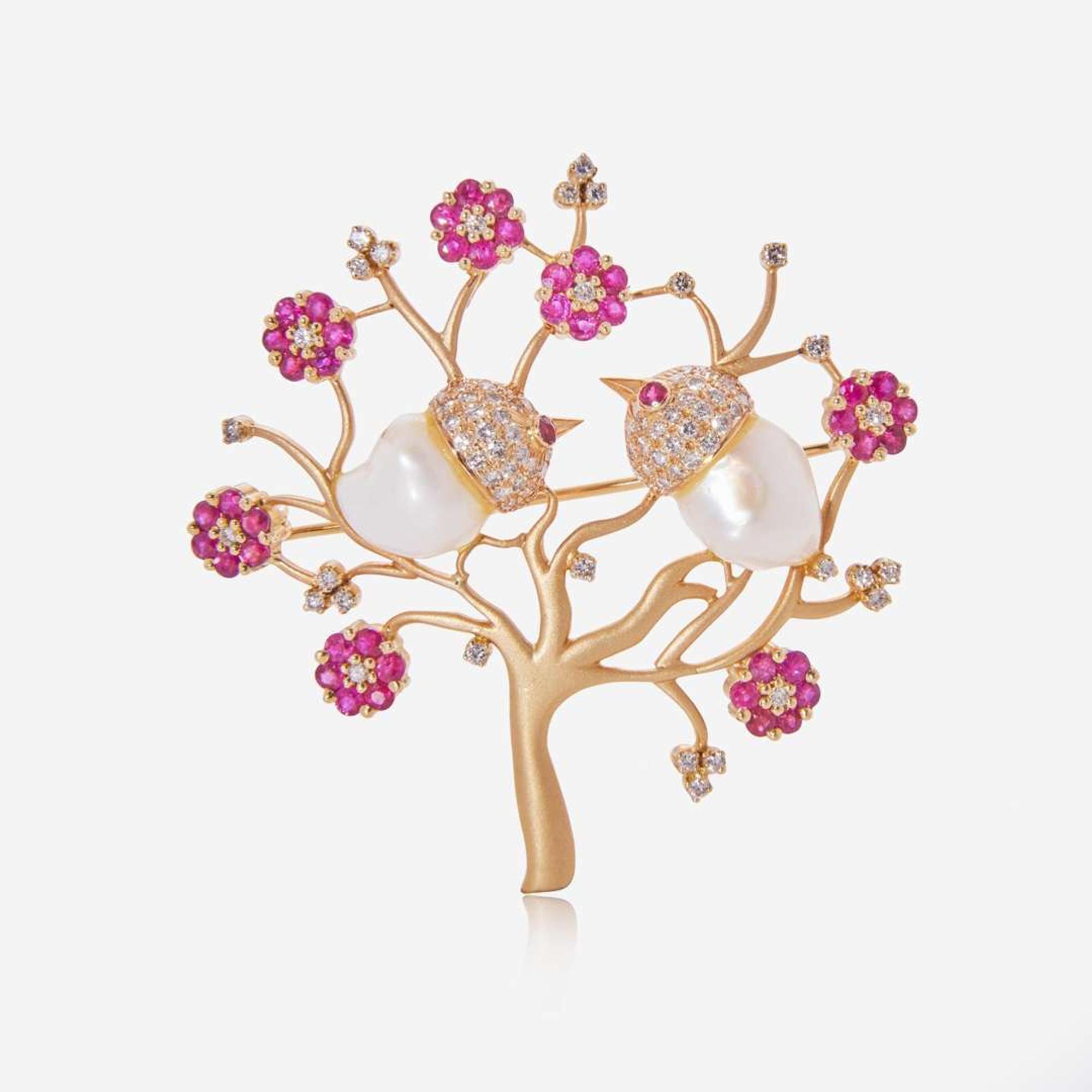 An 18K Yellow Gold, Pearl, and Ruby Brooch