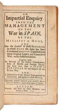[WAR OF THE SPANISH SUCCESSION]. [BLADEN, Martin (1680-1745)]. An Impartial Enquiry into the Management of the War in Spain. London: John Morphew, 1712.