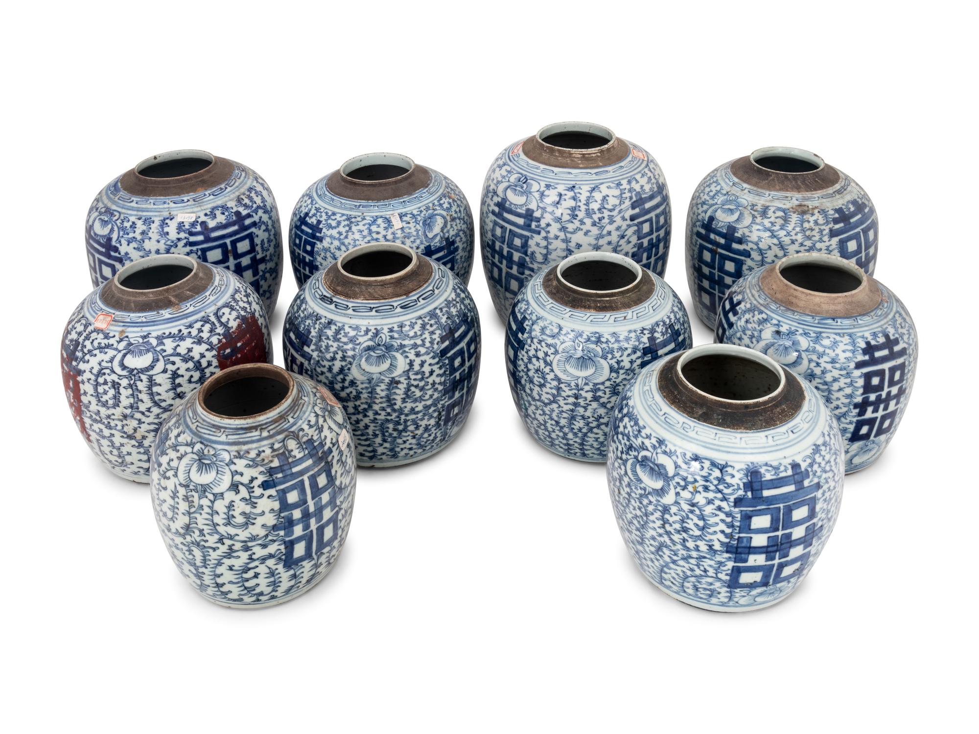 10 Chinese Blue and White Porcelain 'Double Happiness' Jars