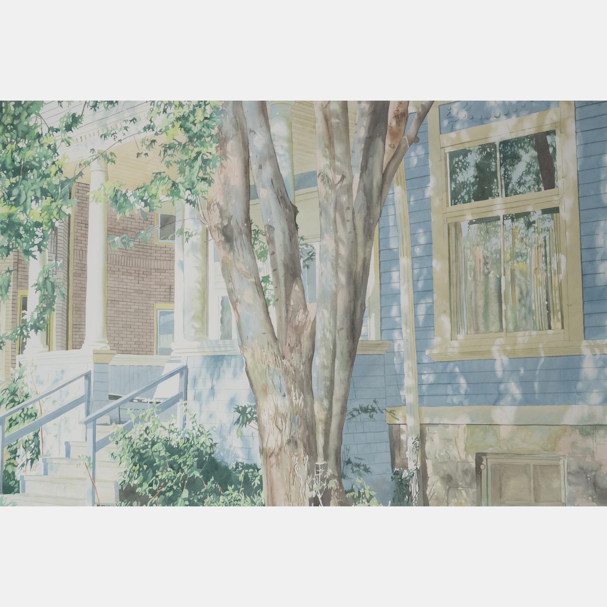 Blue House with Chestnut Tree