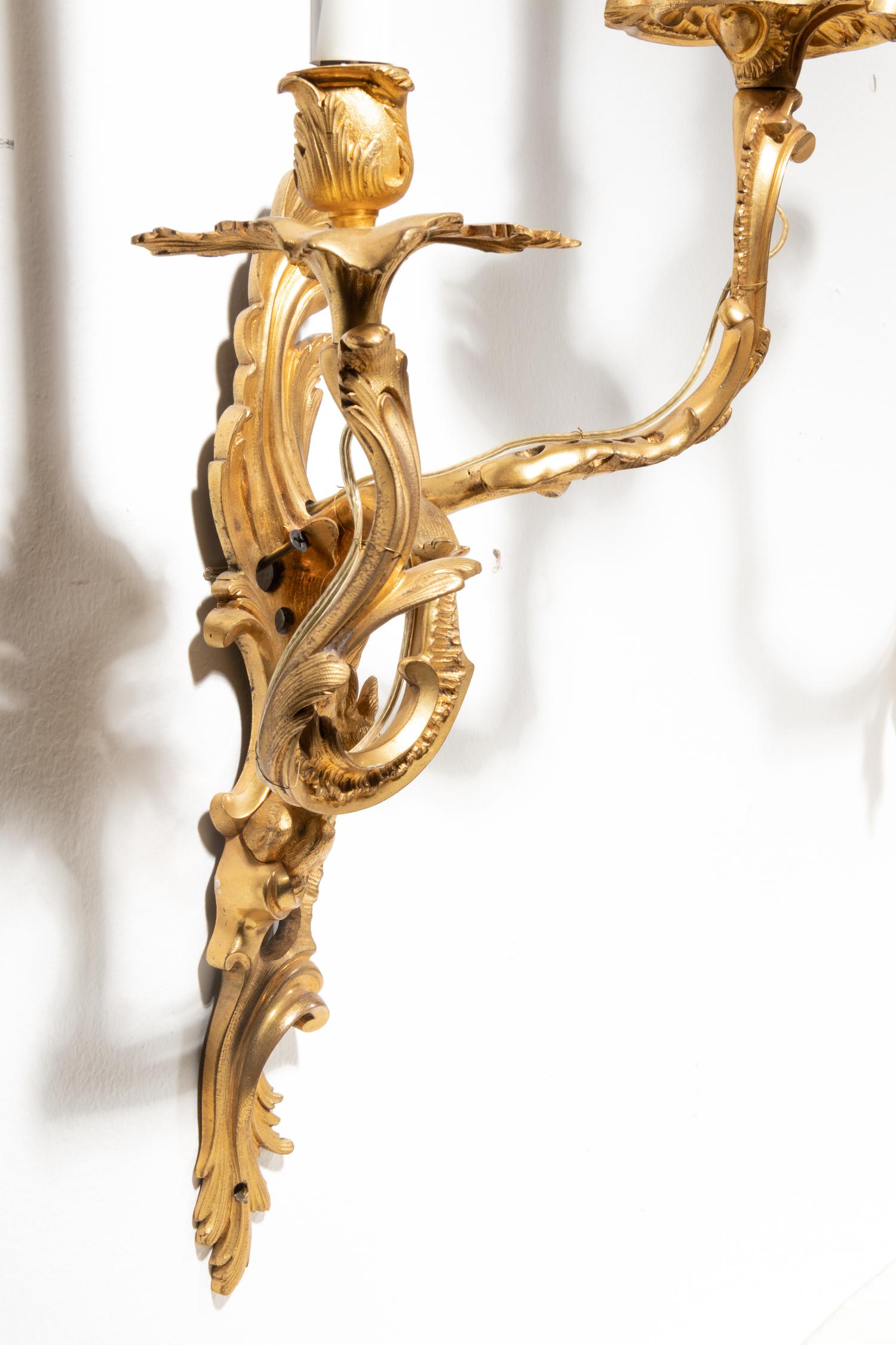 A Pair of Louis XV Style Gilt Bronze Wall Lights with a Rabbit and a Goose