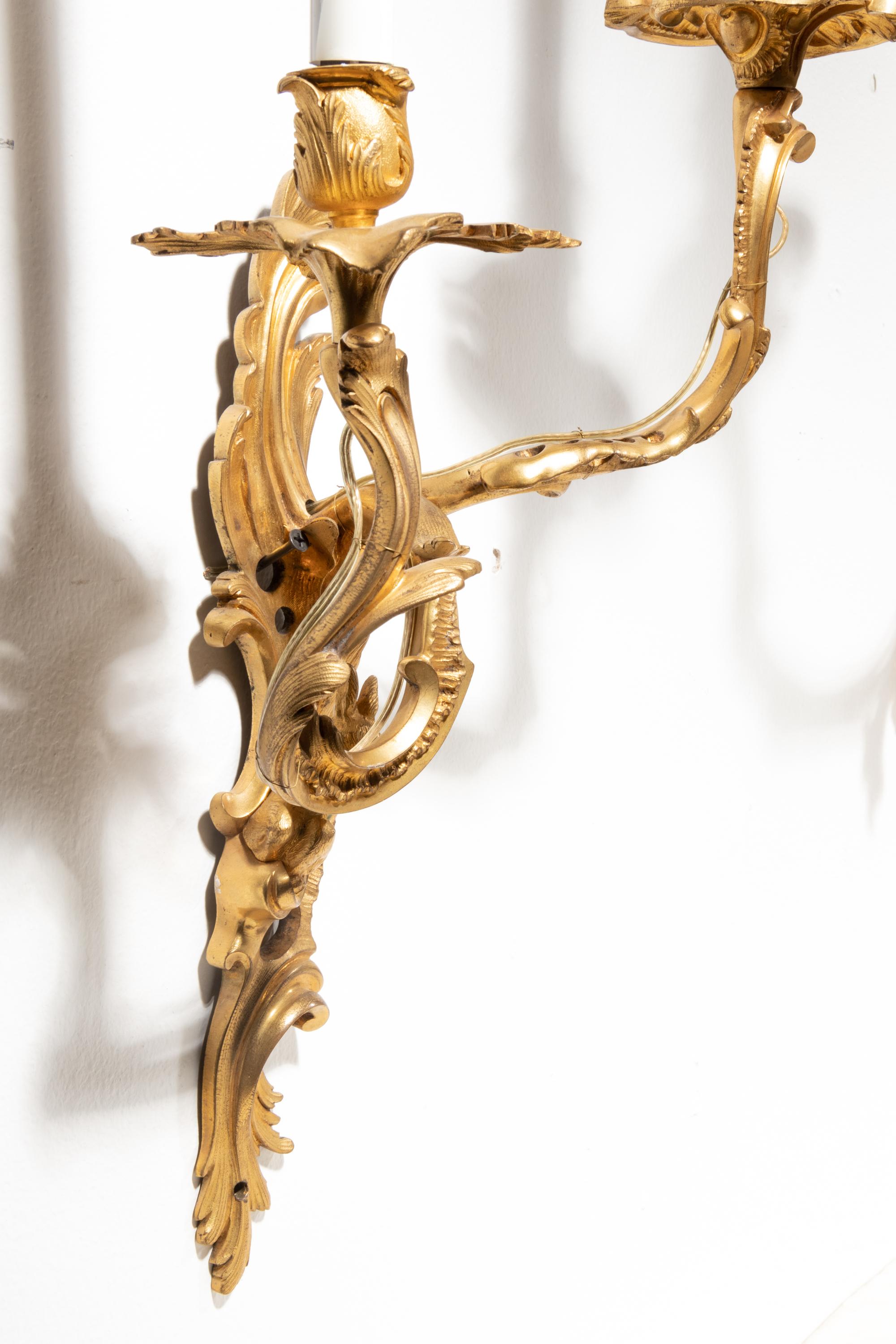 A Pair of Louis XV Style Gilt Bronze Wall Lights with a Rabbit and a Goose