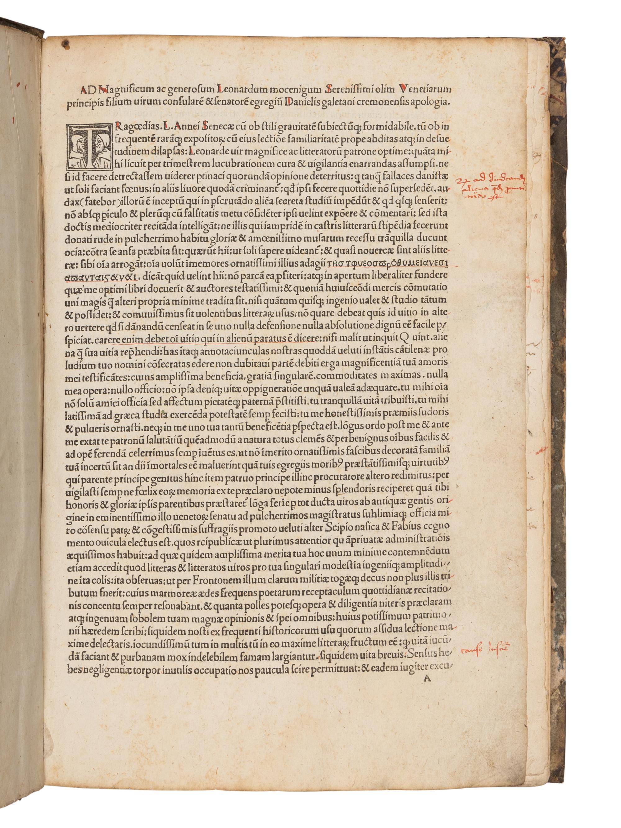 SENECA, Lucius Annaeus (the younger, ca. 4 B.C./1 A.D.- 65 A.D.). Tragoediae . Commentary by Gelius Bernardinus Marmita and Daniel Caietanus. Venice: Johannes Tacuinus, de Tridino, 7 April 1498.