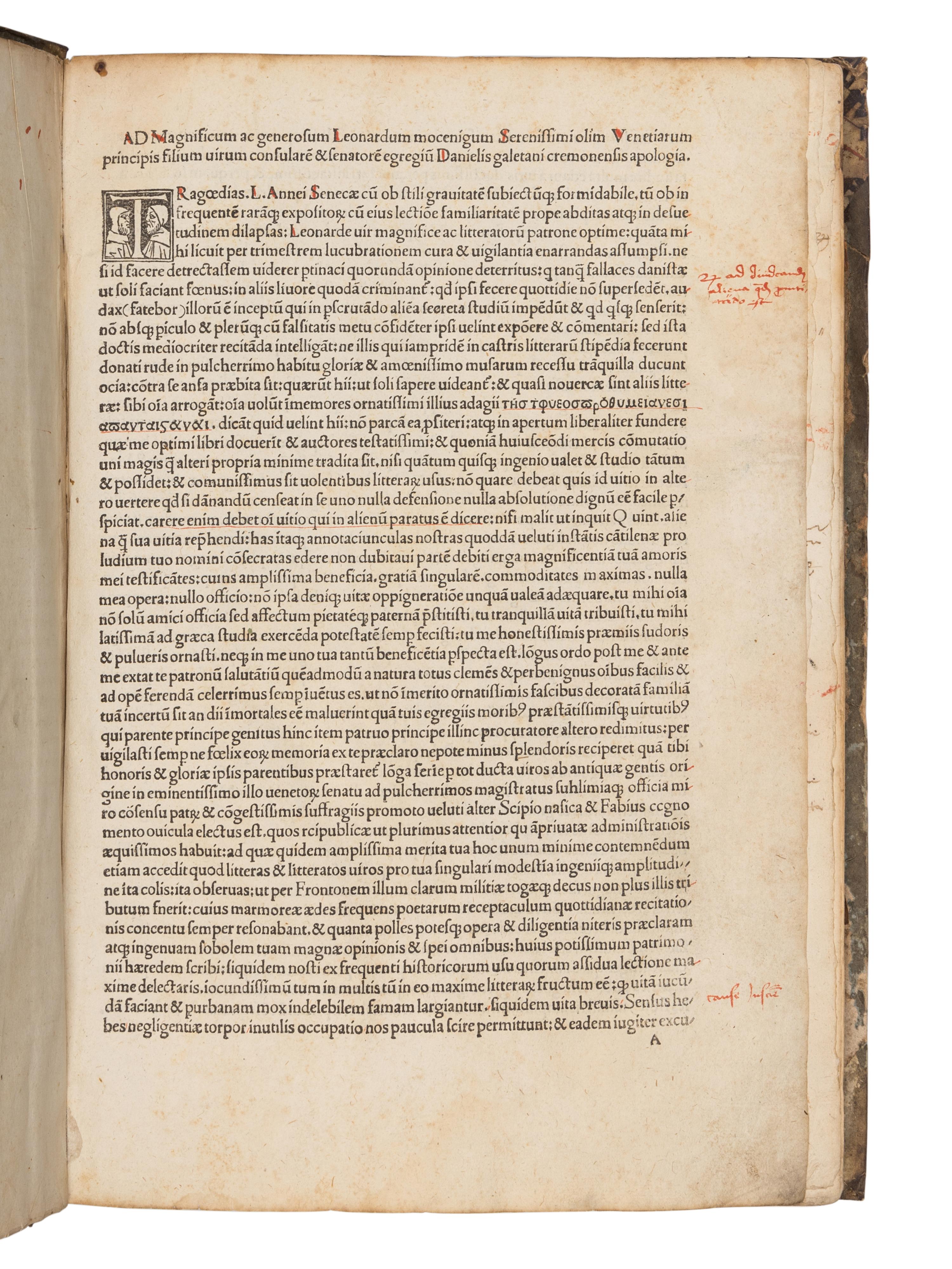 SENECA, Lucius Annaeus (the younger, ca. 4 B.C./1 A.D.- 65 A.D.). Tragoediae . Commentary by Gelius Bernardinus Marmita and Daniel Caietanus. Venice: Johannes Tacuinus, de Tridino, 7 April 1498.