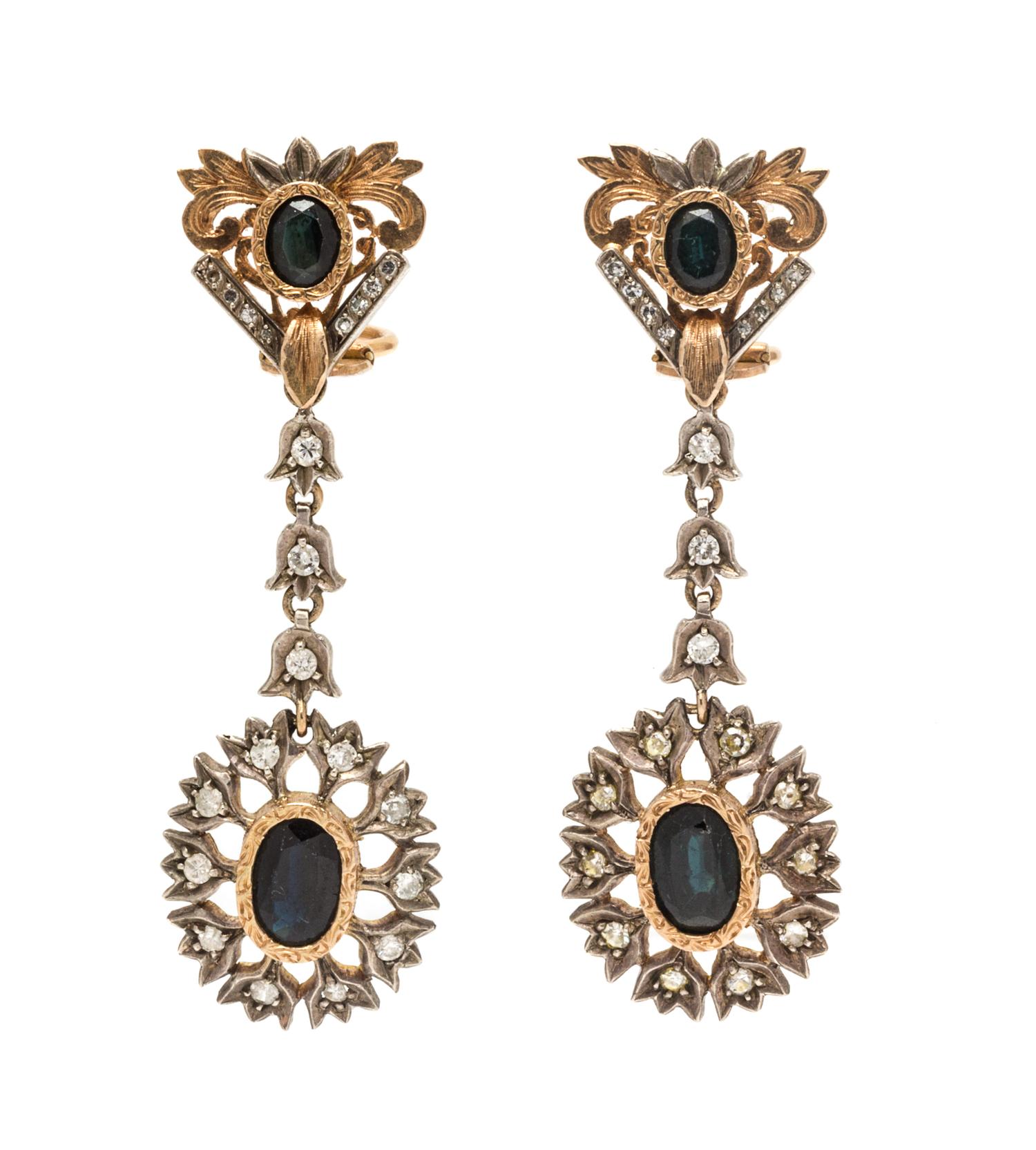 A Pair of Bicolor Gold, Sapphire and Diamond Pendant Earrings, 12.00 dwts.