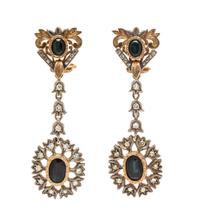 A Pair of Bicolor Gold, Sapphire and Diamond Pendant Earrings, 12.00 dwts.