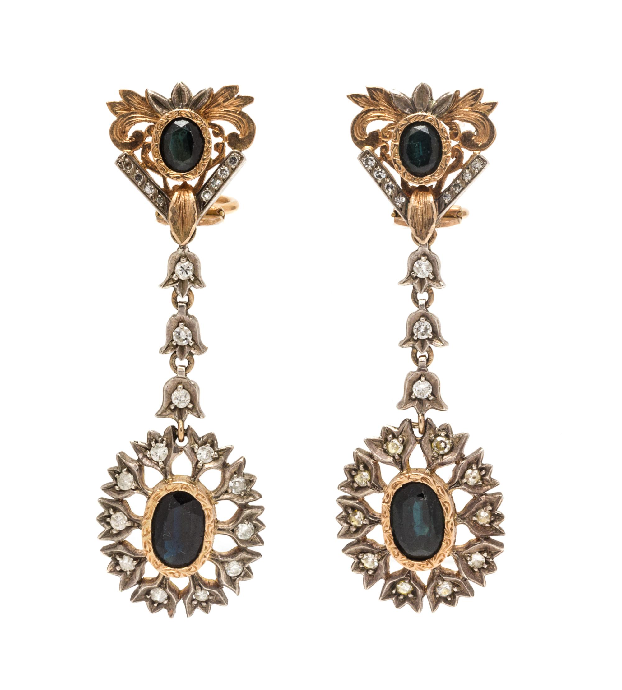 A Pair of Bicolor Gold, Sapphire and Diamond Pendant Earrings, 12.00 dwts.