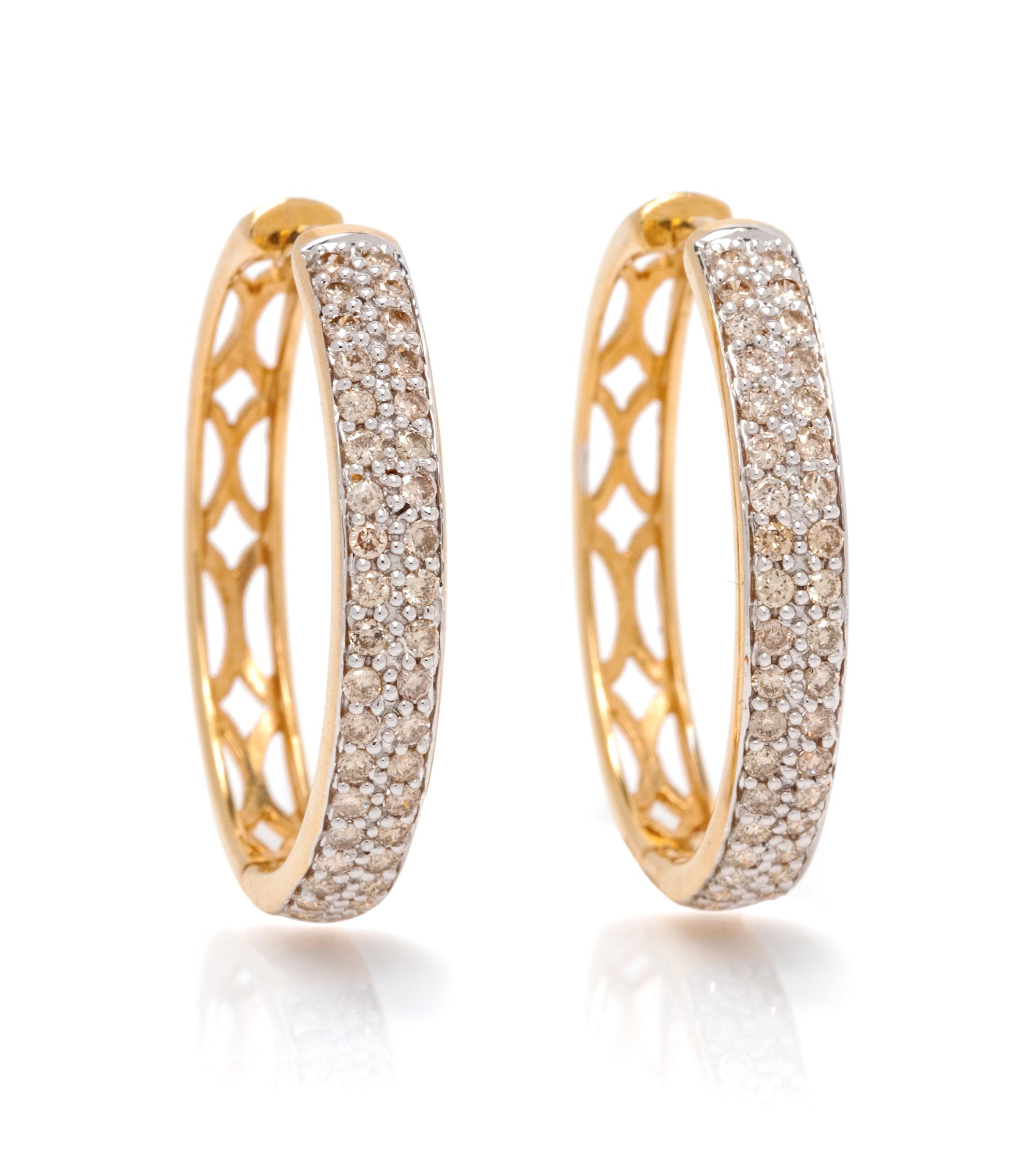 A Pair of 14 Karat Yellow Gold and Diamond Hoop Earrings,