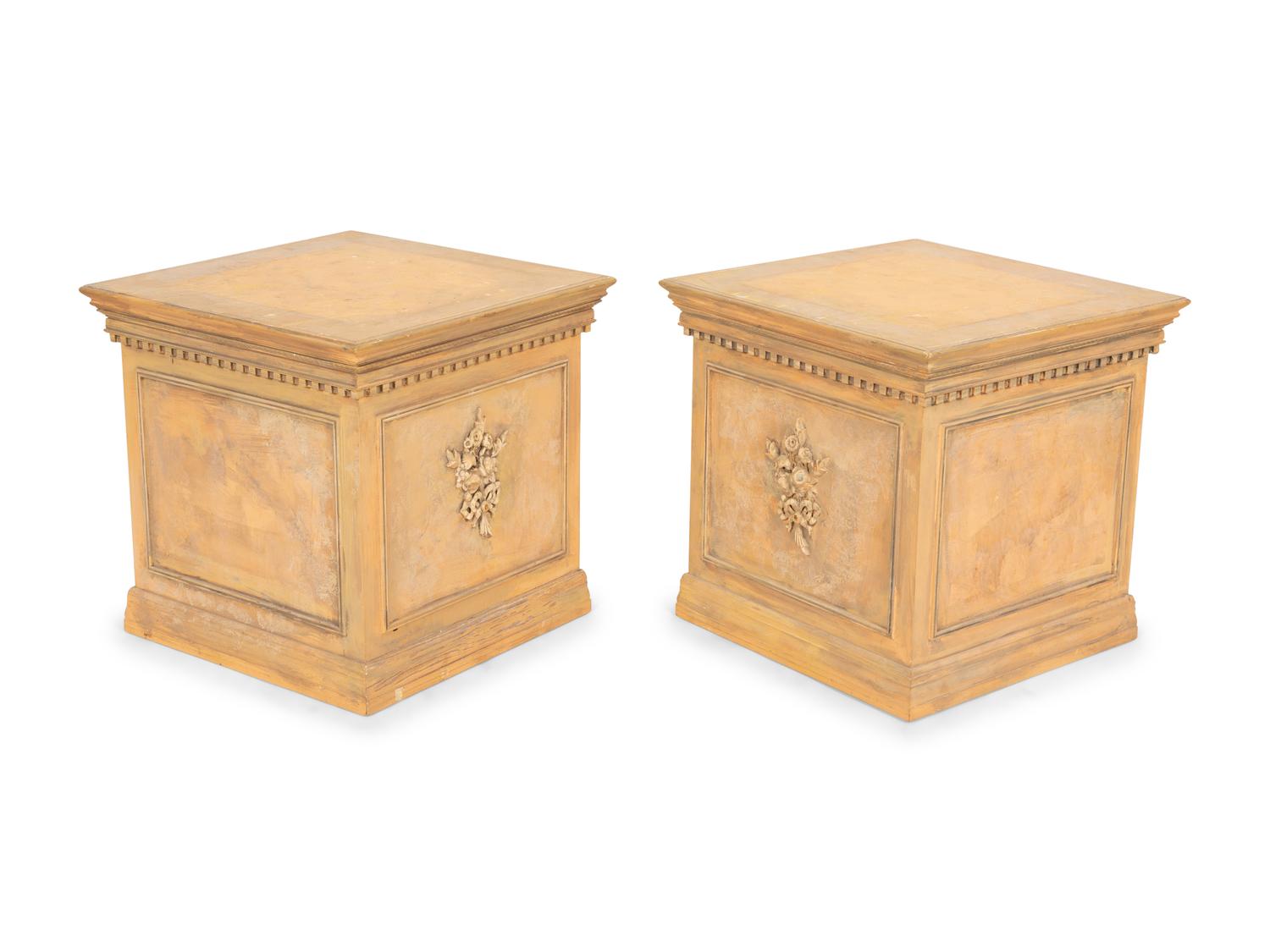 A Pair of Cast Terra Cotta Covered Garden Urns on Painted Wood Pedestals
