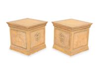 A Pair of Cast Terra Cotta Covered Garden Urns on Painted Wood Pedestals