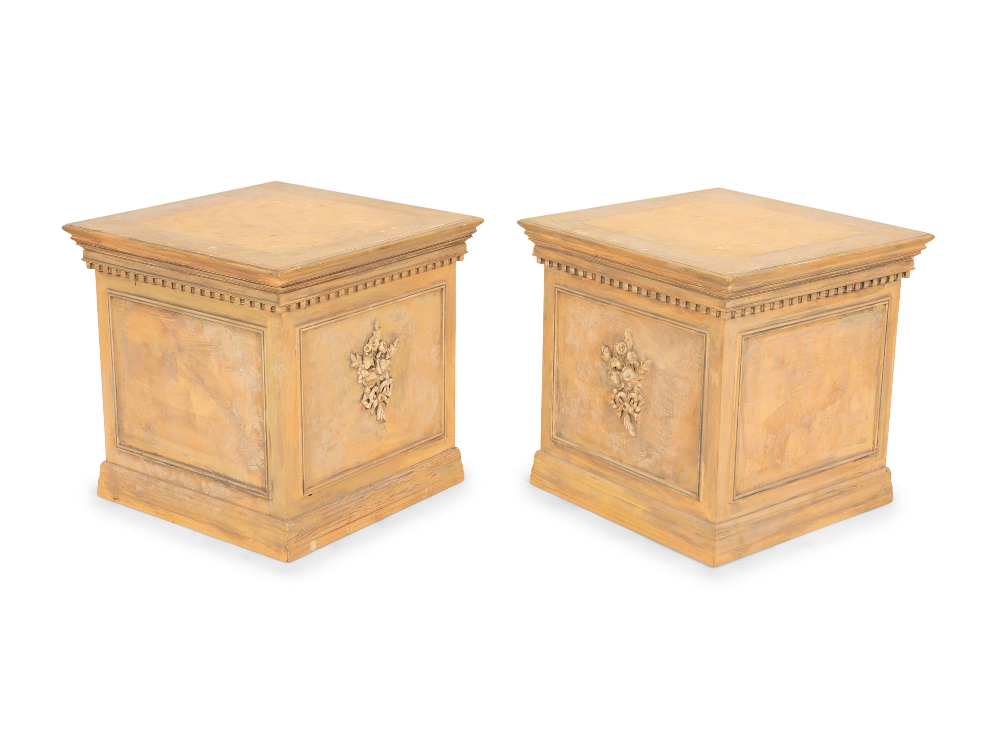 A Pair of Cast Terra Cotta Covered Garden Urns on Painted Wood Pedestals