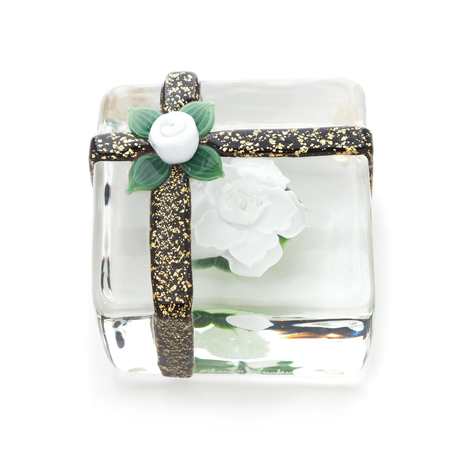 Lundberg Studios, California, USA, by Steven Lundberg and Daniel Salazar, a Rose of Tokyo Gift white rose block-shaped paperweight