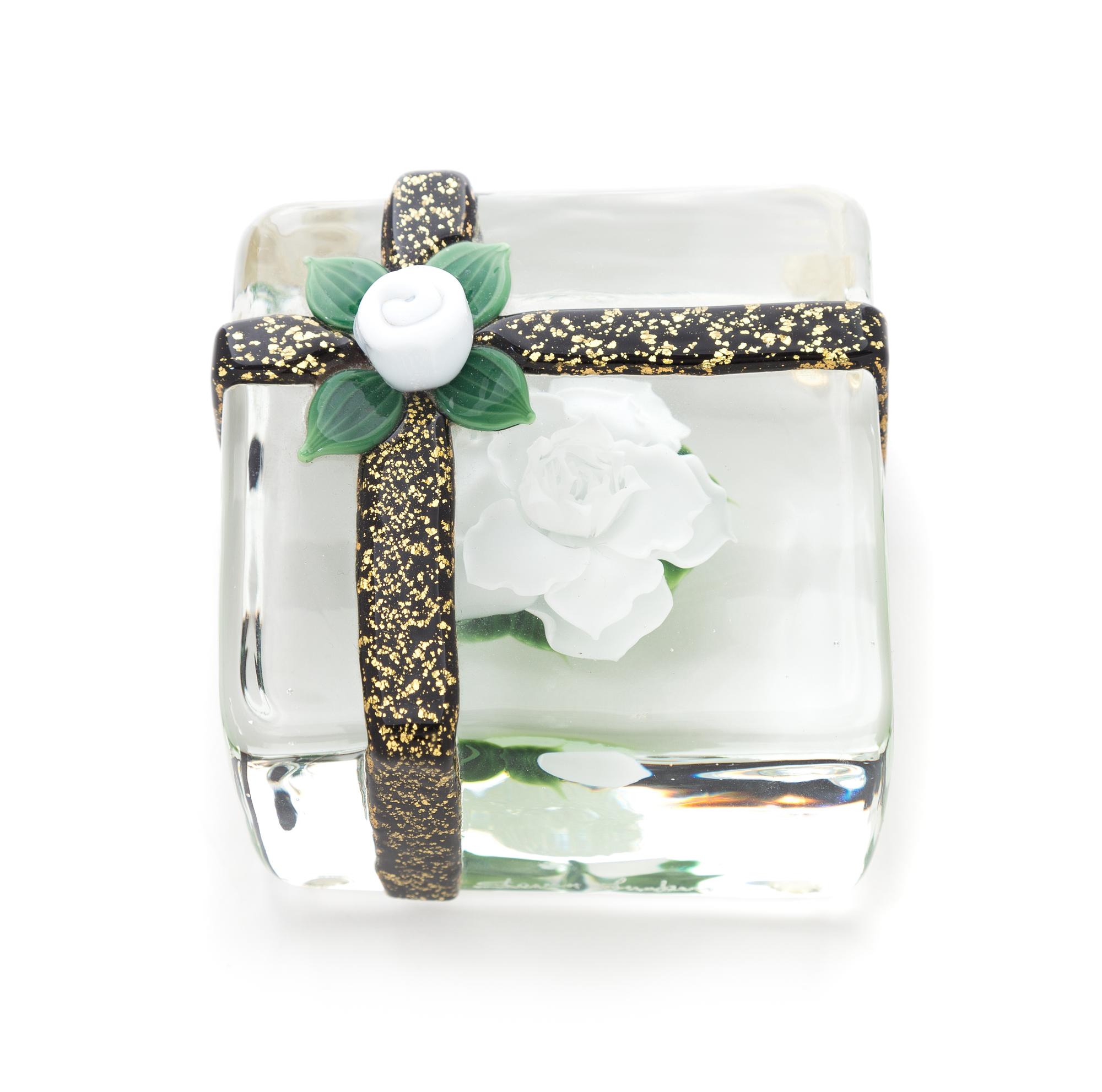 Lundberg Studios, California, USA, by Steven Lundberg and Daniel Salazar, a Rose of Tokyo Gift white rose block-shaped paperweight