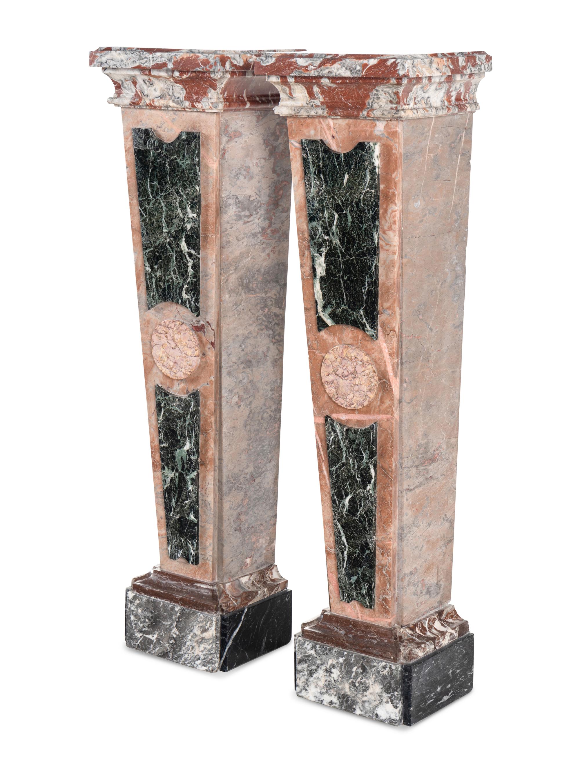A Pair of Italian Incarnat , Vert de Mer and Fleur de Peche Marble Pedestals