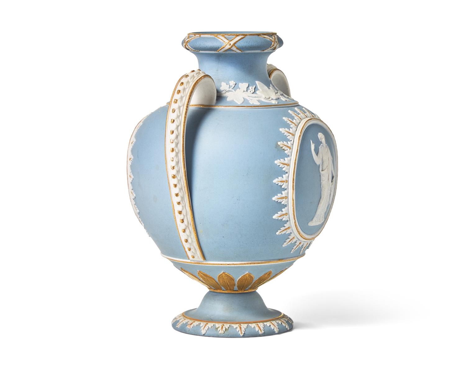 A Wedgwood Parcel Gilt Jasperware Twin-Handle Dip Vase