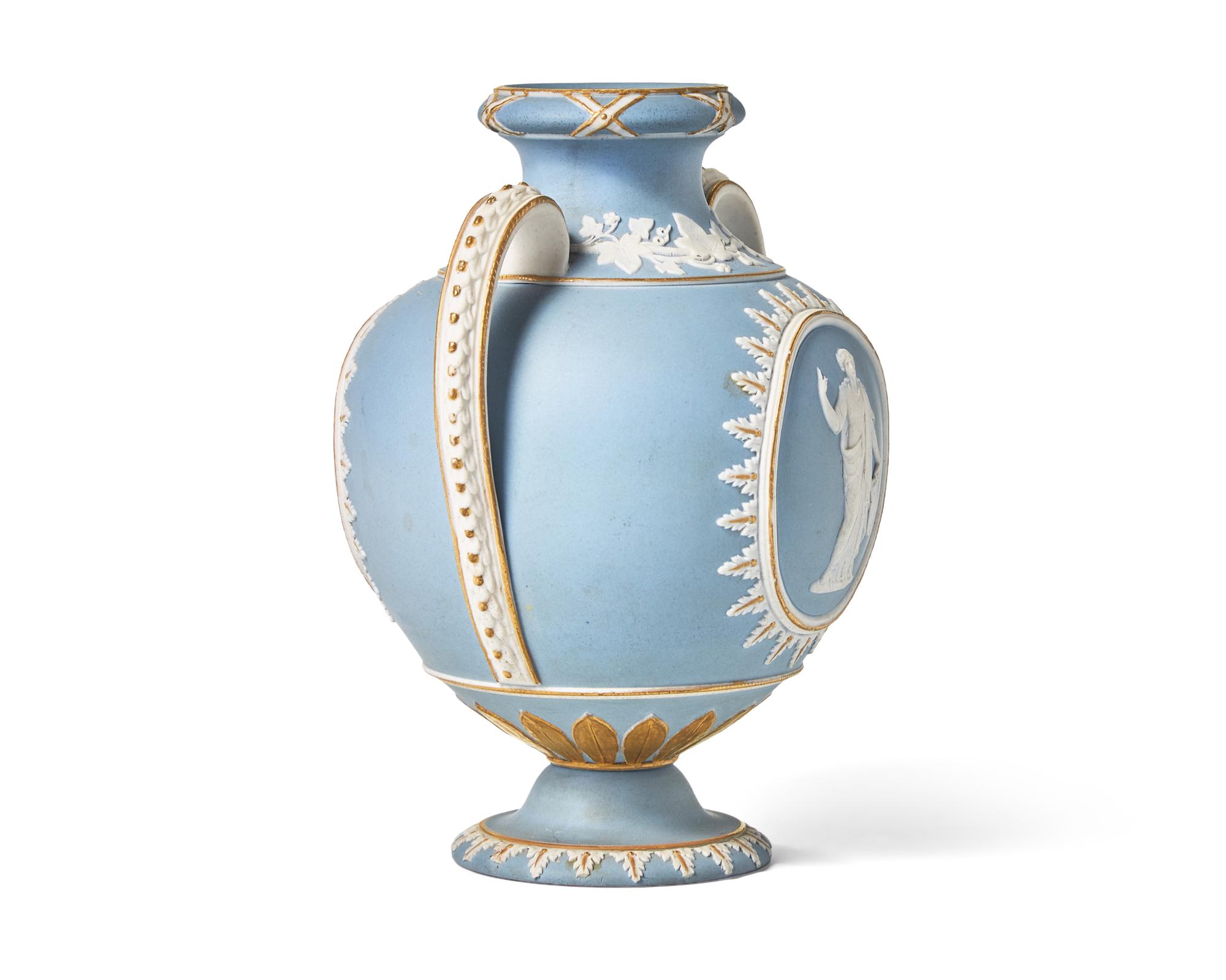 A Wedgwood Parcel Gilt Jasperware Twin-Handle Dip Vase