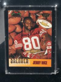 A Jerry Rice Signed Autograph Commemorative Football and 1993 Topps Stadium Club Members Only Complete Set with Autographed Record Breaker Card,