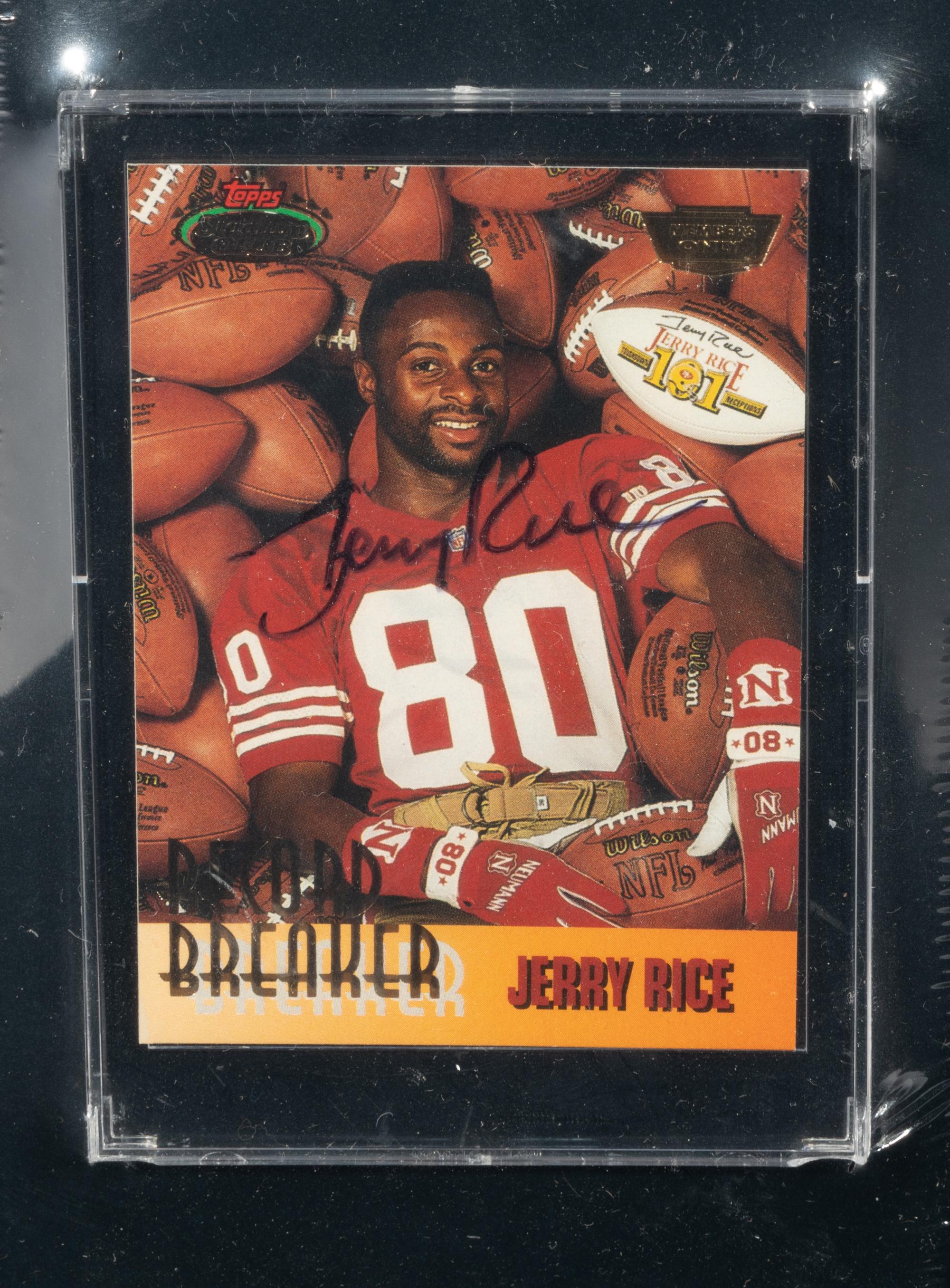 A Jerry Rice Signed Autograph Commemorative Football and 1993 Topps Stadium Club Members Only Complete Set with Autographed Record Breaker Card,