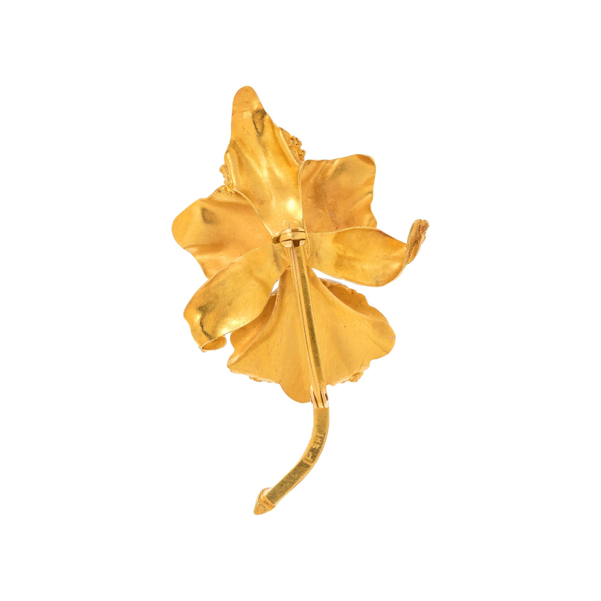 YELLOW GOLD AND PEARL ORCHID BROOCH