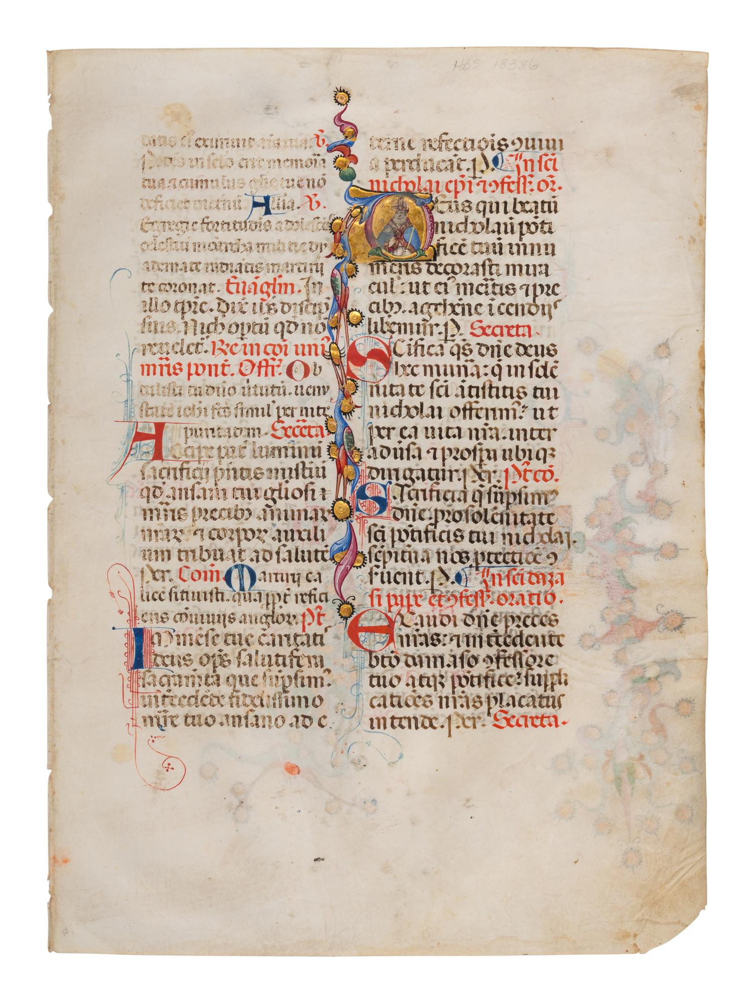 SANO DI PIETRO (Siena, 1405-1481) Two leaves from a Missal, including three historiated initials of St. Nicholas, St. Lucy, and St. Thomas, in Latin, illuminated manuscript on parchment [Italy, Siena, c. 1460-1470]