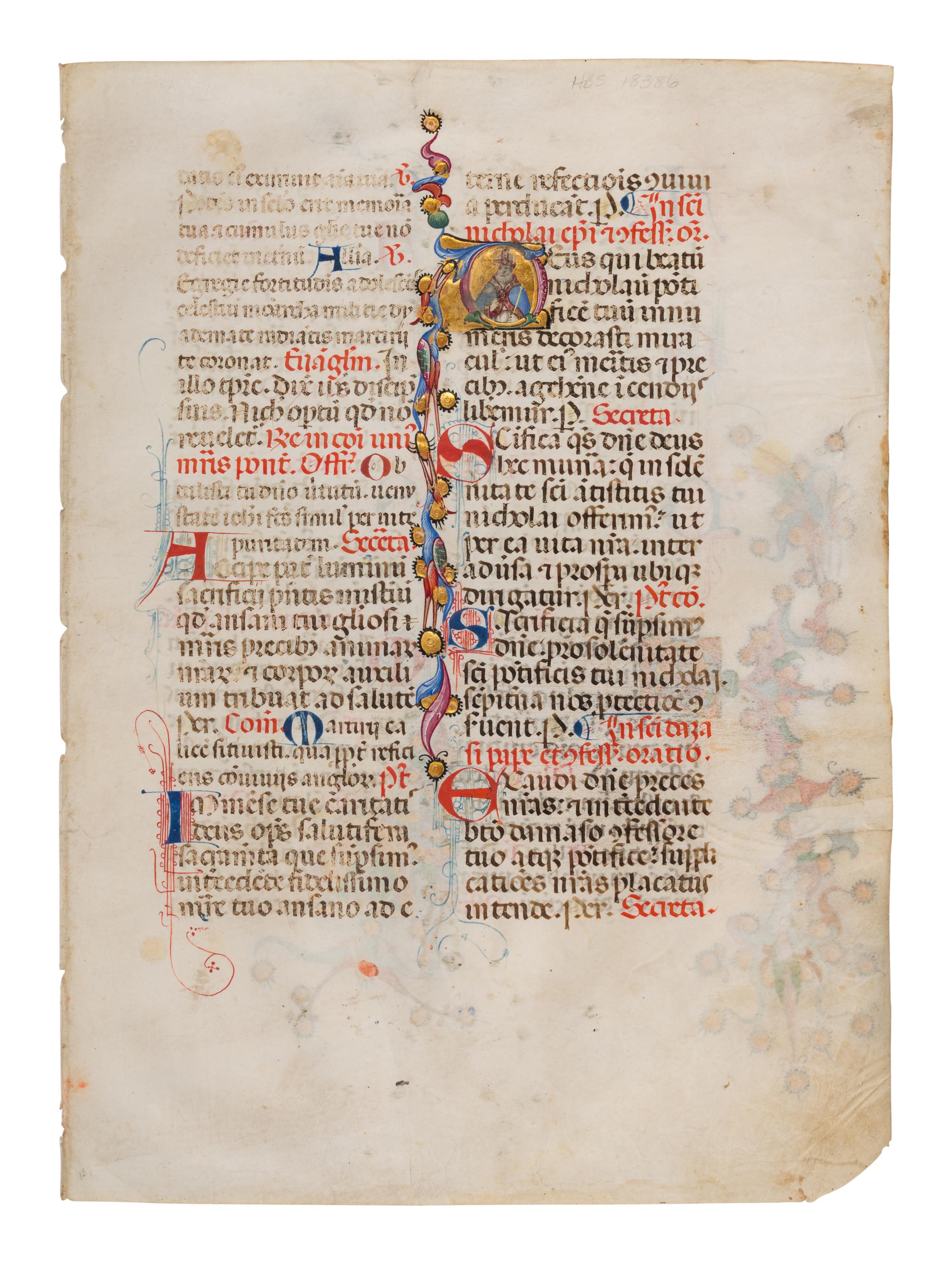 SANO DI PIETRO (Siena, 1405-1481) Two leaves from a Missal, including three historiated initials of St. Nicholas, St. Lucy, and St. Thomas, in Latin, illuminated manuscript on parchment [Italy, Siena, c. 1460-1470]