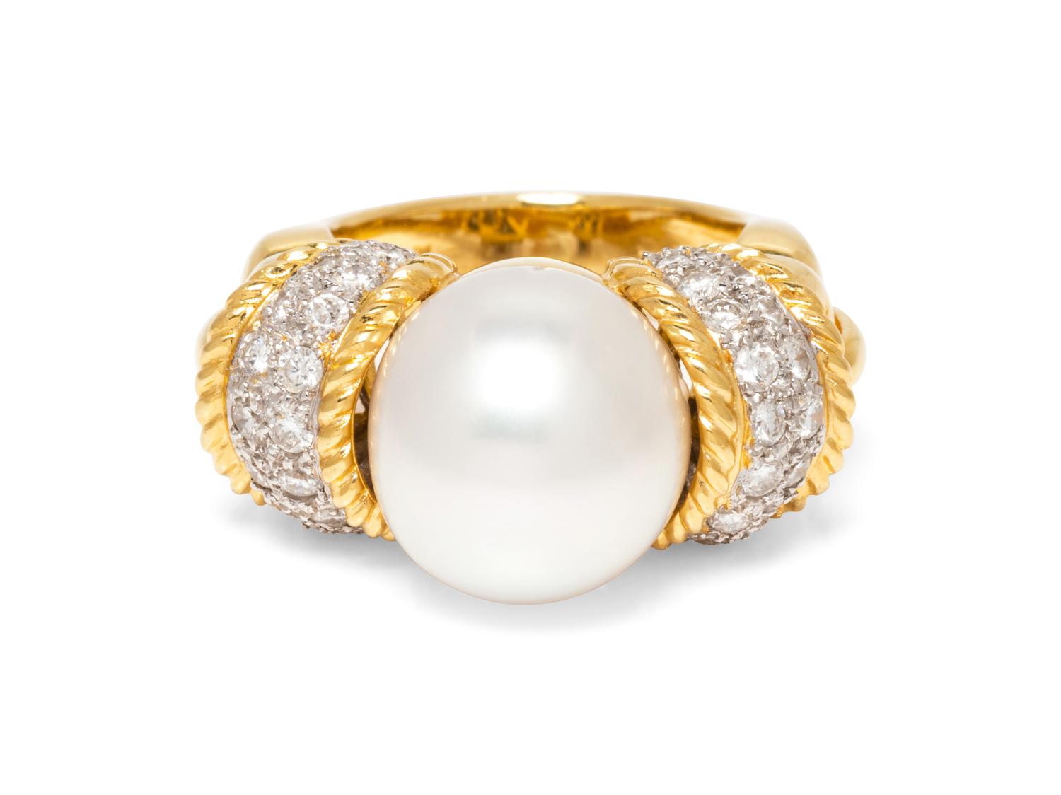 An 18 Karat Yellow Gold, Cultured Pearl and Diamond Ring,