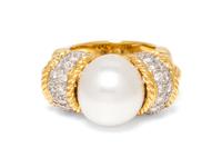An 18 Karat Yellow Gold, Cultured Pearl and Diamond Ring,