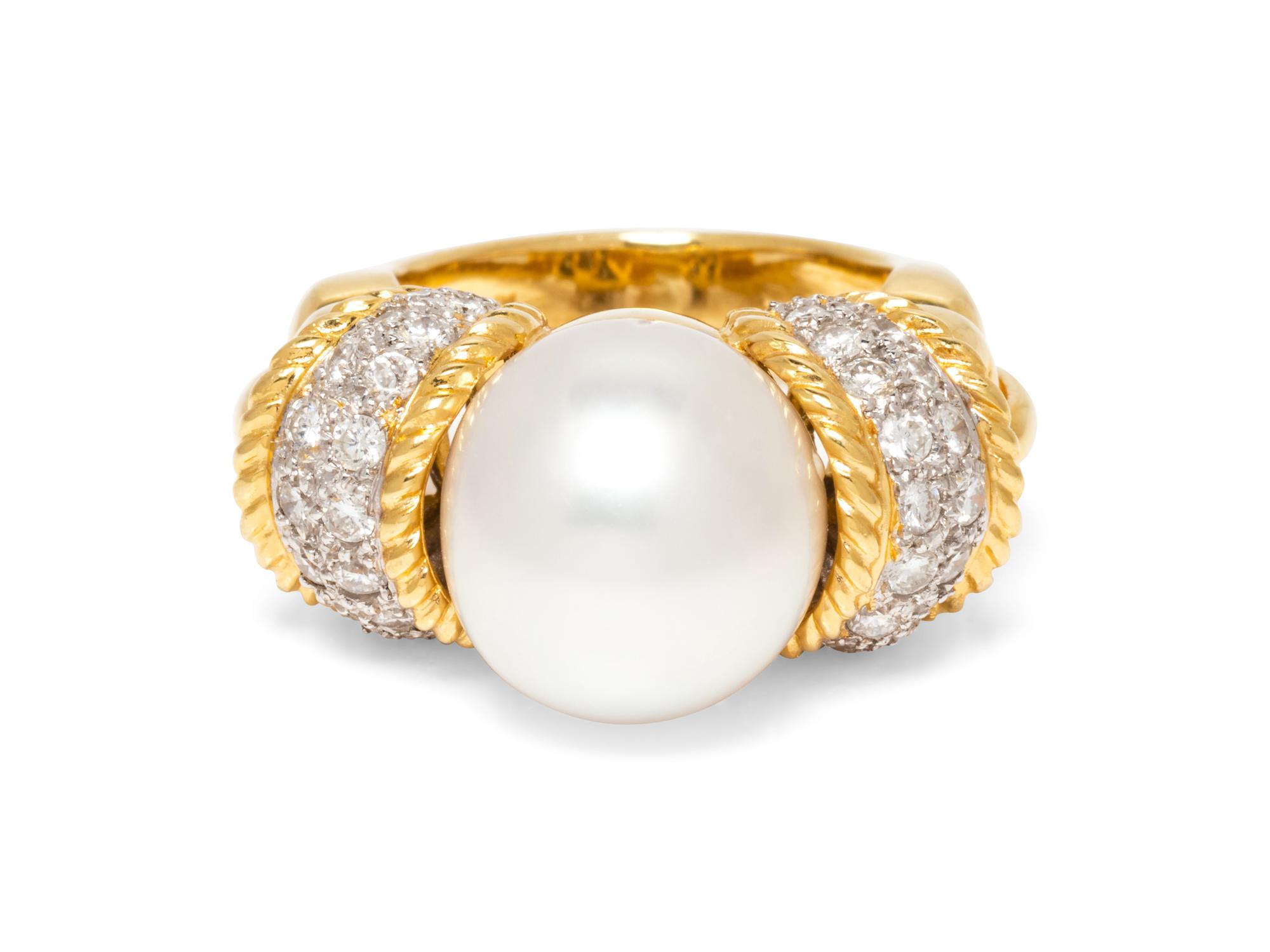An 18 Karat Yellow Gold, Cultured Pearl and Diamond Ring,