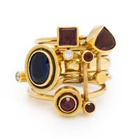 Wendy Ramshaw, Ring Set of Seven Yellow Gold, Garnet, Diamond, and Sapphire Stacking Rings