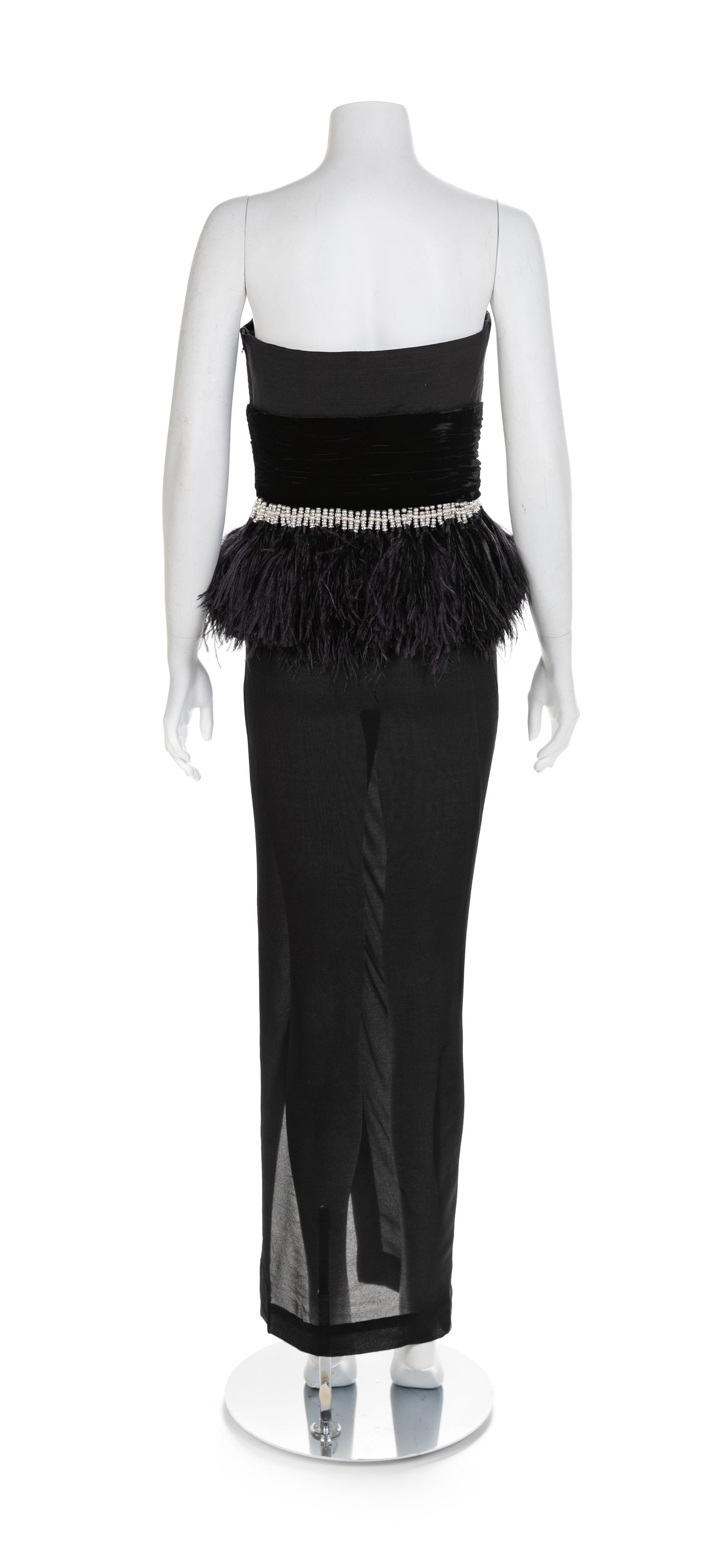 Atelier Versace Black Strapless Dress with Velvet and Feather Trim, 1990s No size label