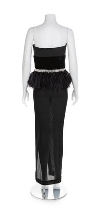 Atelier Versace Black Strapless Dress with Velvet and Feather Trim, 1990s No size label
