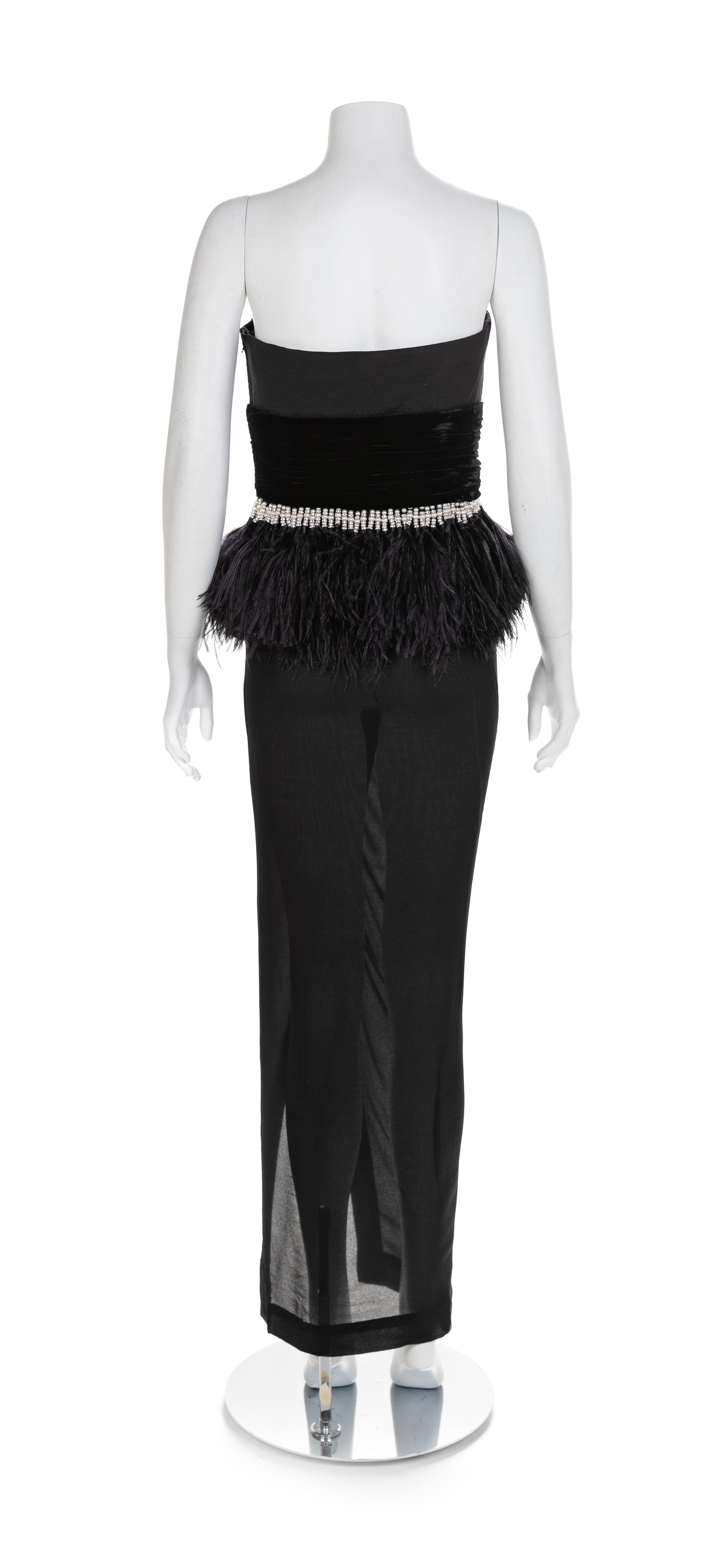 Atelier Versace Black Strapless Dress with Velvet and Feather Trim, 1990s No size label