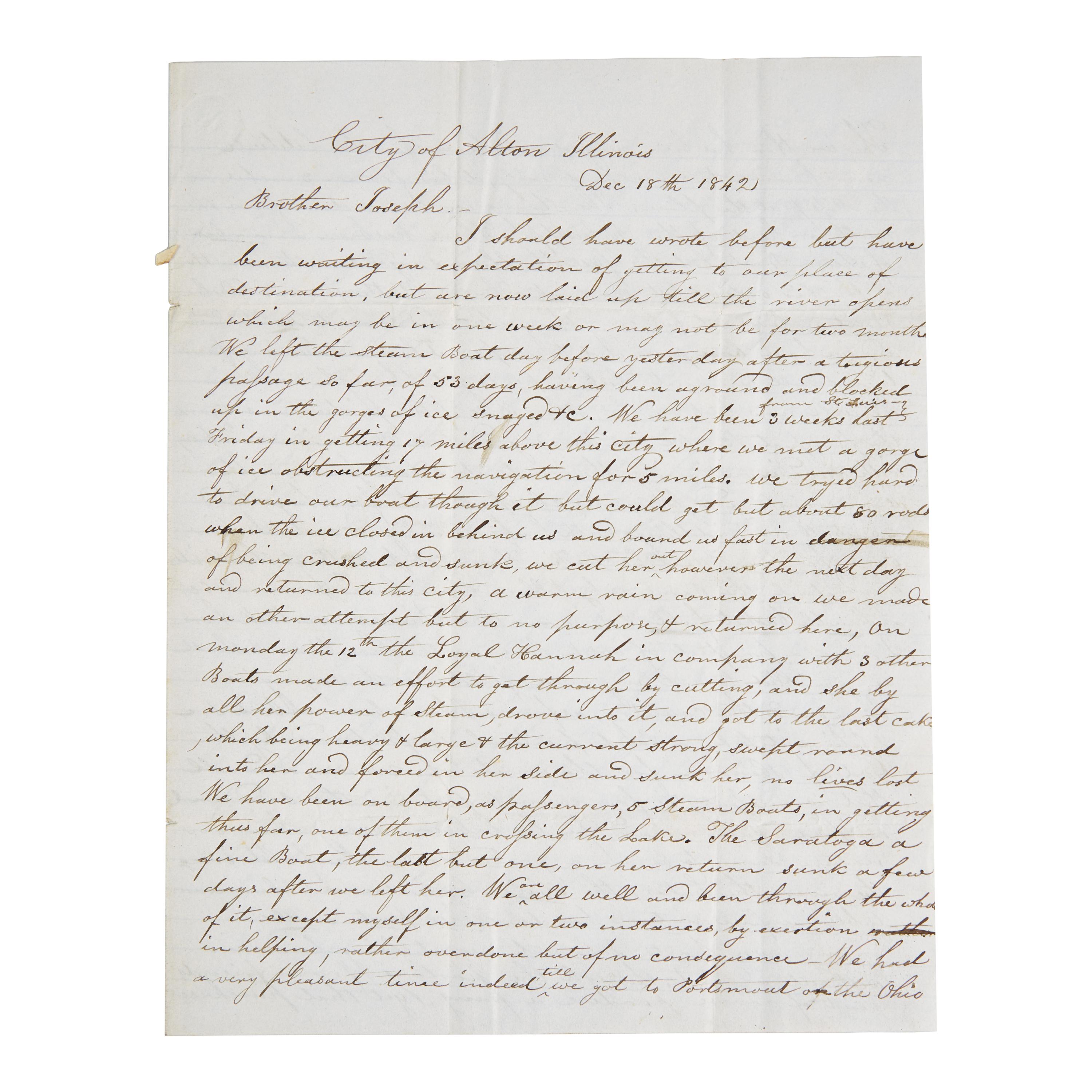 [Mormonism] A Unique Contemporary Manuscript Account of Joseph Smith's Final Words to His Followers, the Day Before his Violent Death, on the Interior of a Postal Cover