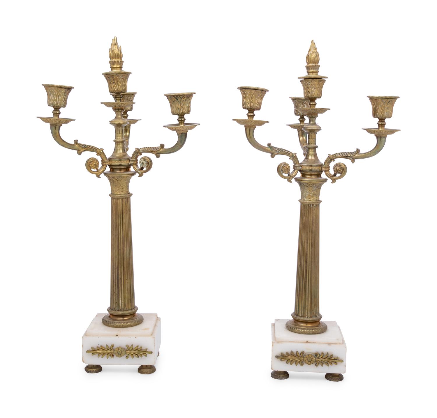 A Pair of Continental Gilt Bronze and Marble Three-Light Candelabra