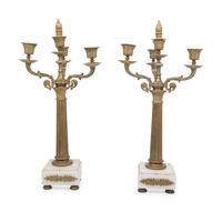 A Pair of Continental Gilt Bronze and Marble Three-Light Candelabra