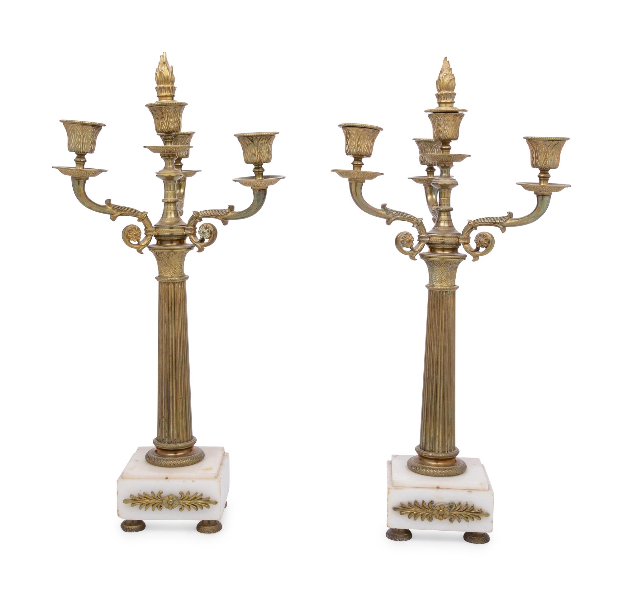 A Pair of Continental Gilt Bronze and Marble Three-Light Candelabra