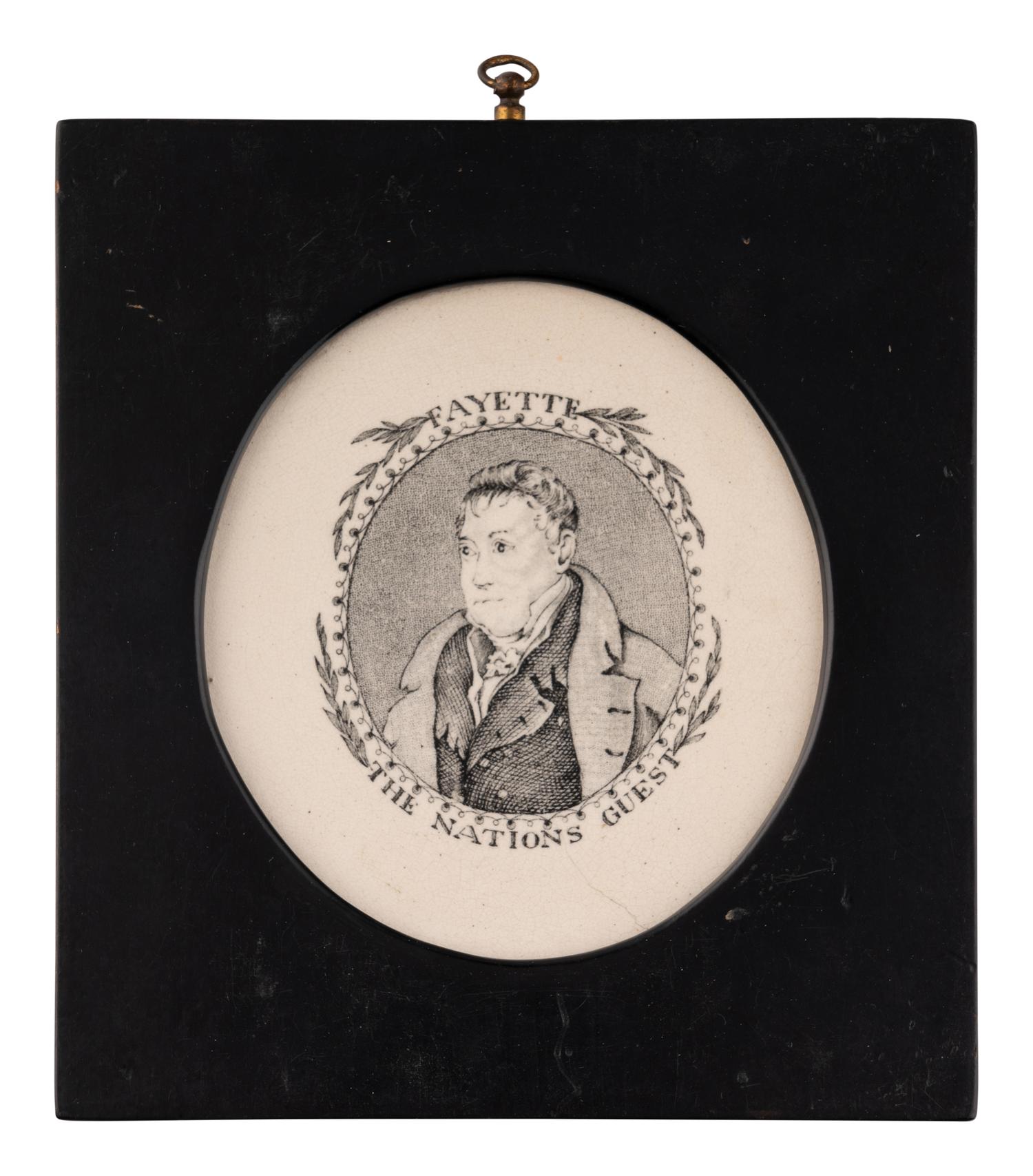 Three Porcelain Plaques depicting General Lafayette "The Nations Guest," President George Washington "The Countrys Father," and Benjamin Franklin.